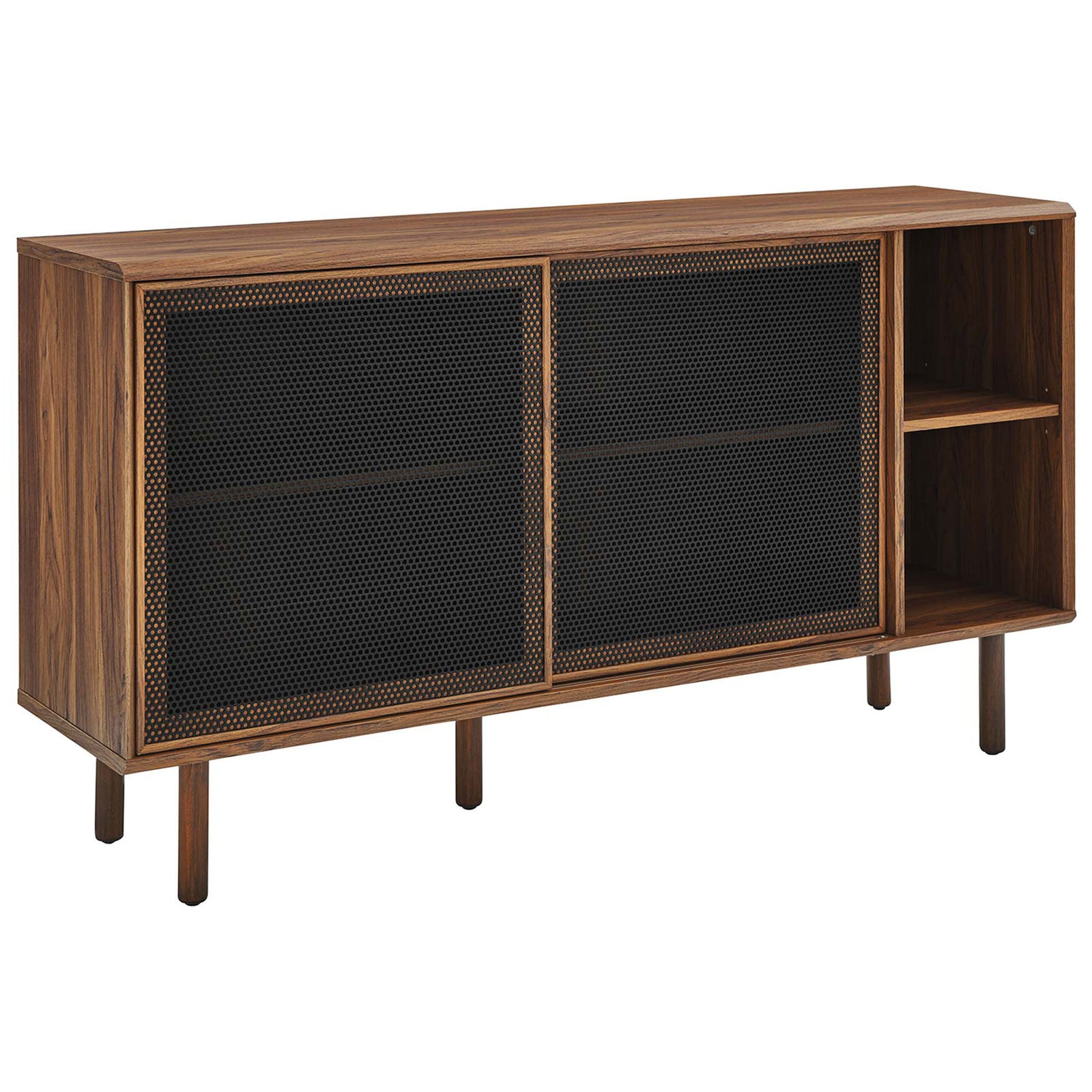 Mid-century walnut sideboard with black metal mesh doors and open shelving for versatile storage || EEI-6235-WAL || front_angle_studio