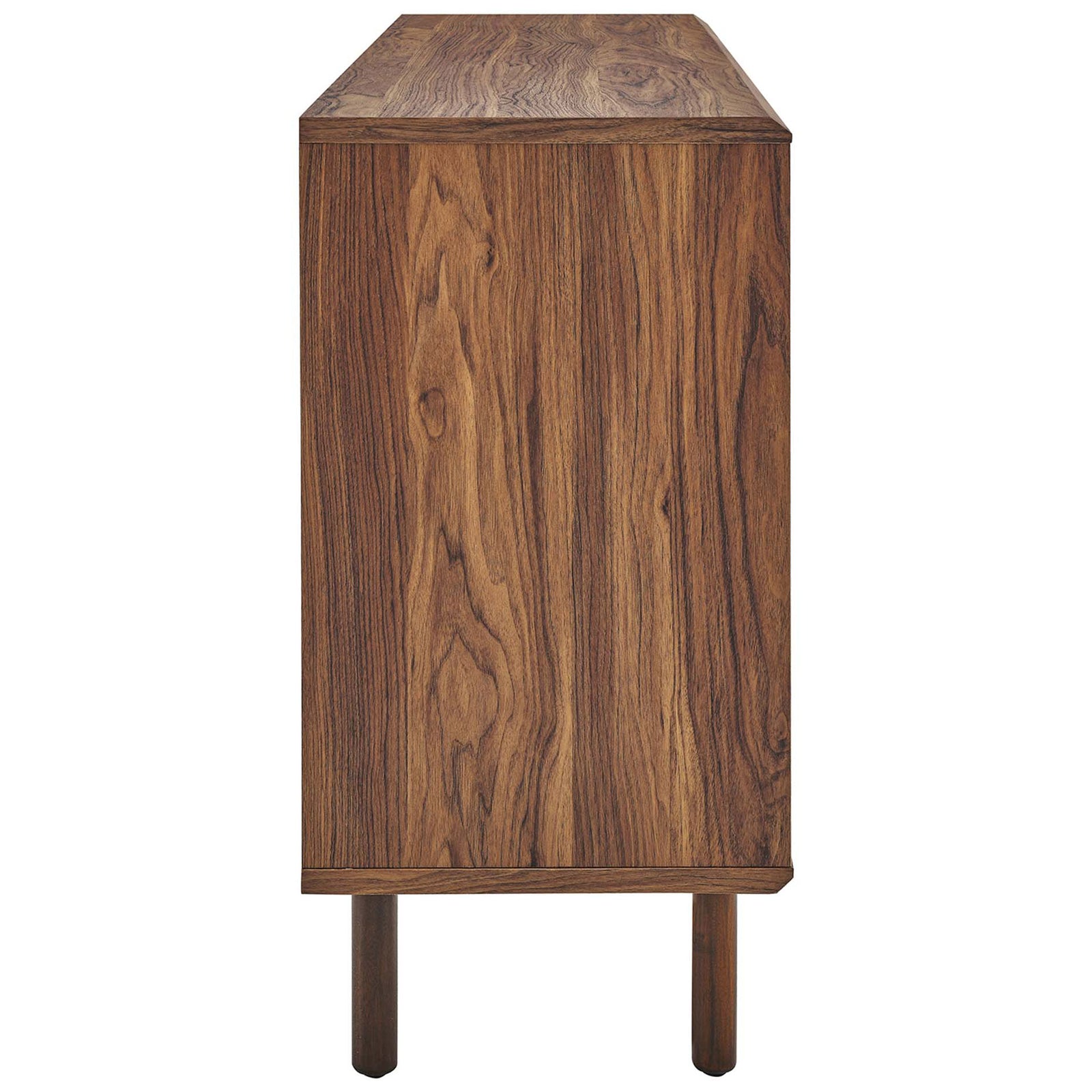 Slim walnut cabinet profile highlights the natural wood grain and rounded legs || EEI-6235-WAL || side_studio