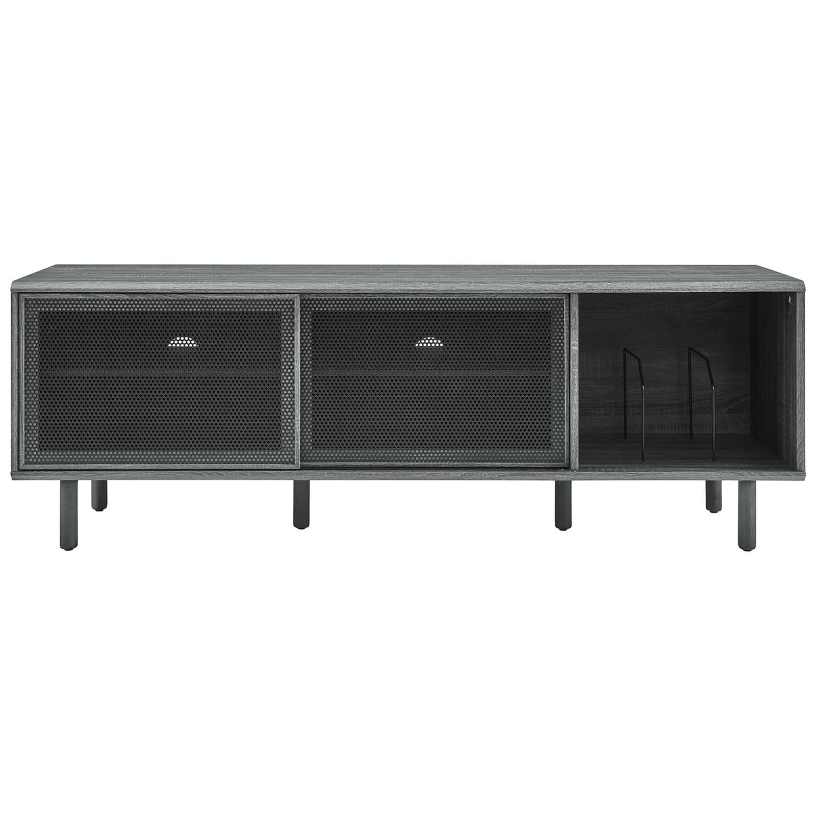 Charcoal 67 in media stand with two mesh doors concealing spacious shelving and record storage || EEI-6236-CHA || front_studio