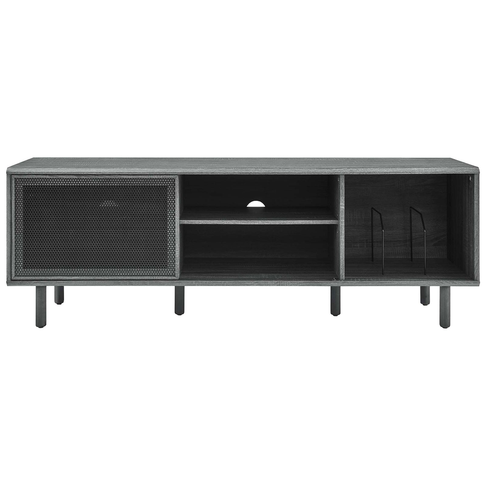 Charcoal console with mesh door positioned left, showcasing open center shelf and vinyl dividers on the right || EEI-6236-CHA || front_studio