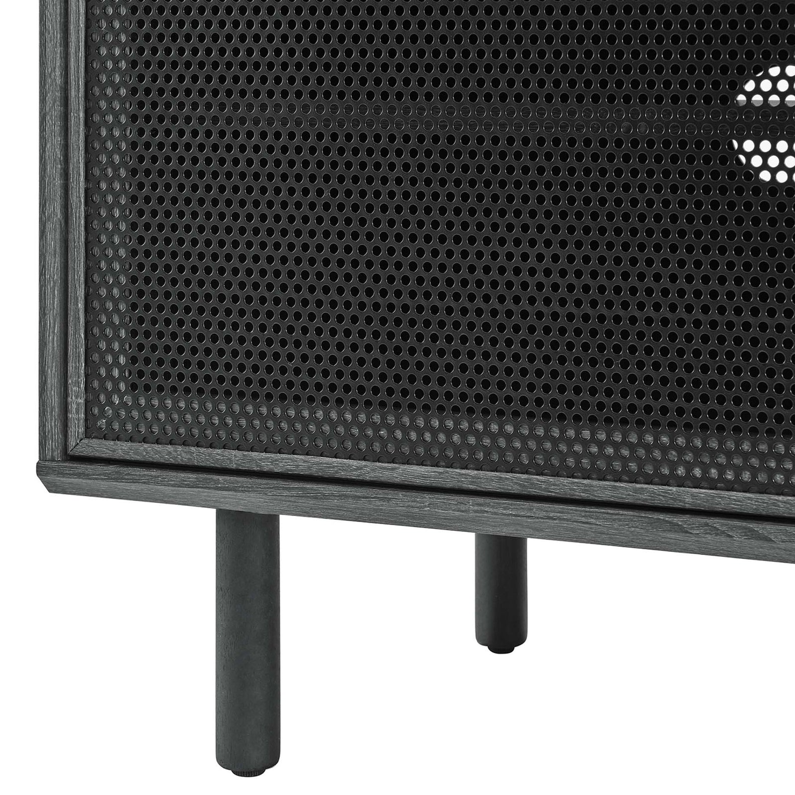 Design detail of charcoal frame, perforated mesh door, and sturdy round legs with protective pads || EEI-6236-CHA || leg_studio
