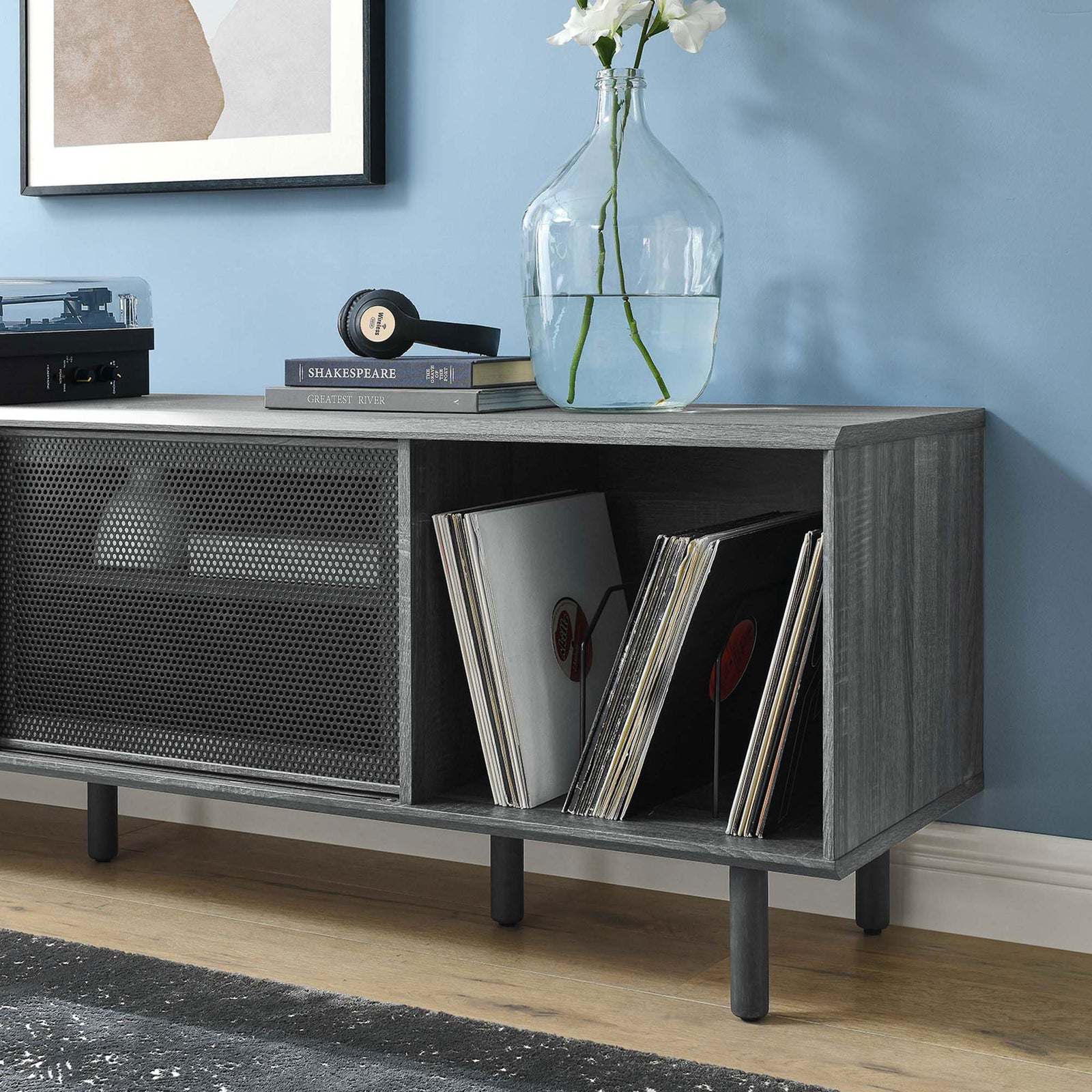 Charcoal record stand styled with albums and decor, emphasizing open vinyl display compartment || EEI-6236-CHA || detail_room