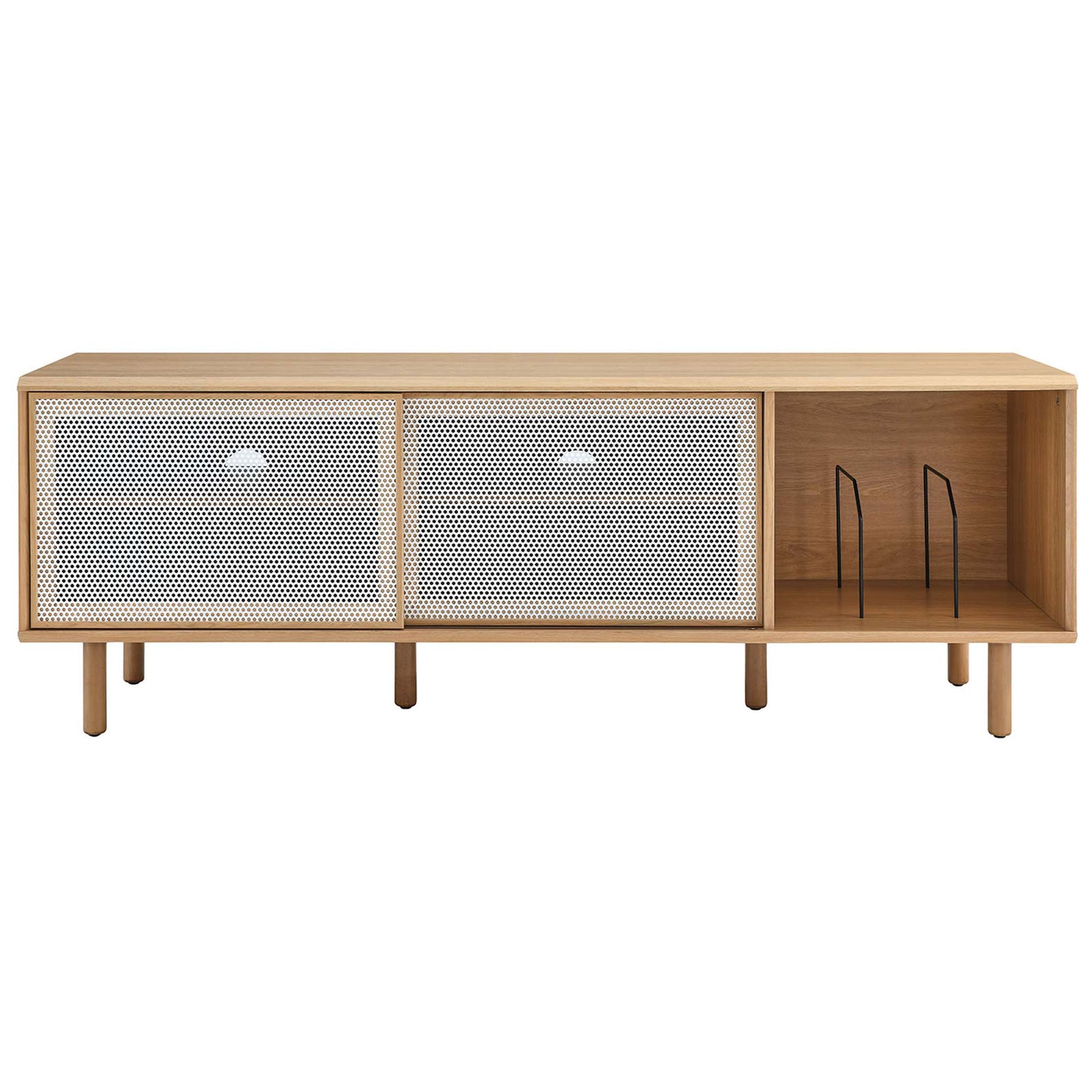 Oak 67 in media stand with two white mesh doors concealing shelving and vinyl record storage || EEI-6236-OAK || front_studio
