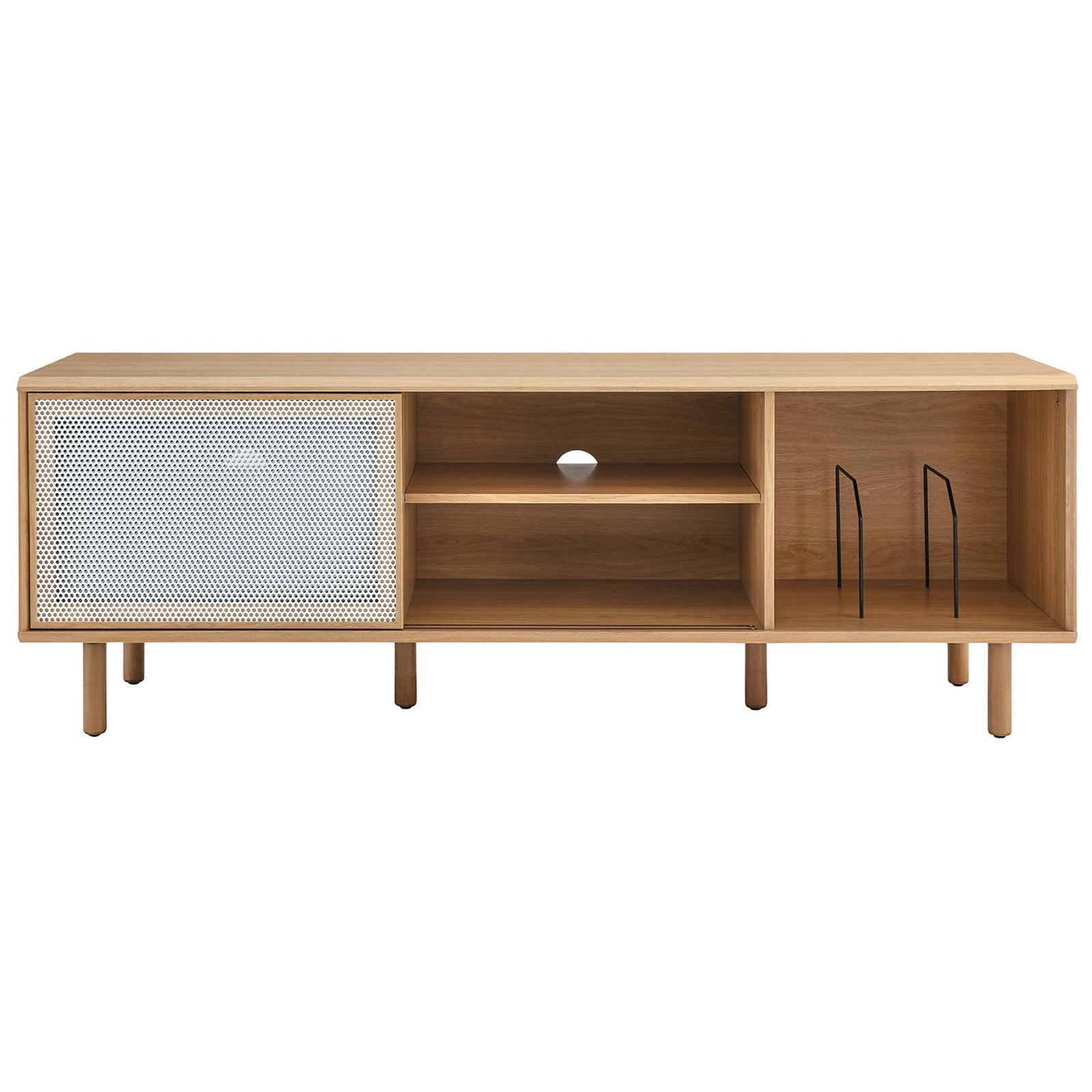 Oak console with mesh door positioned left, showcasing open center shelf and vinyl dividers on the right || EEI-6236-OAK || front_studio