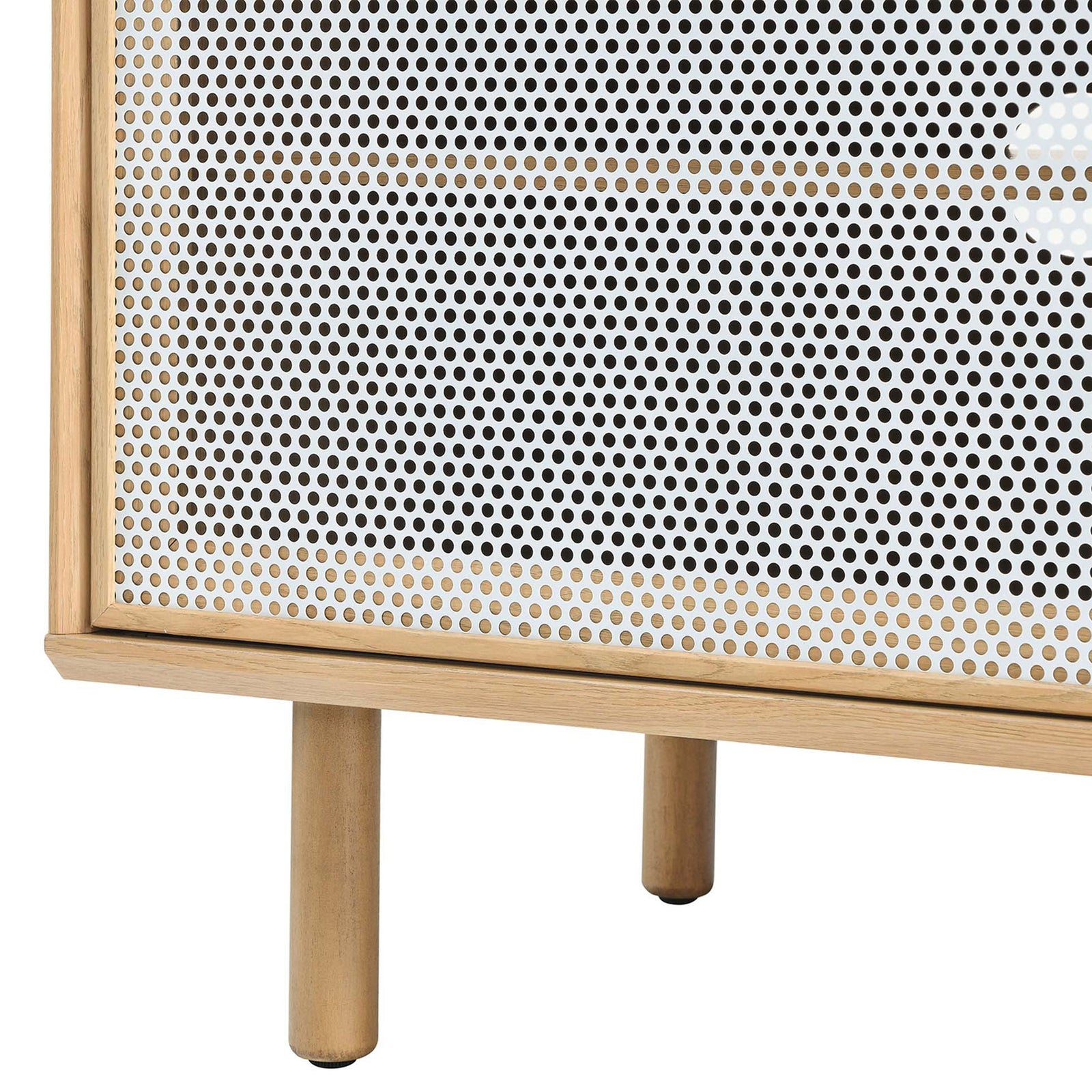 Design detail of oak frame, white perforated mesh door, and sturdy round legs with protective pads || EEI-6236-OAK || leg_studio
