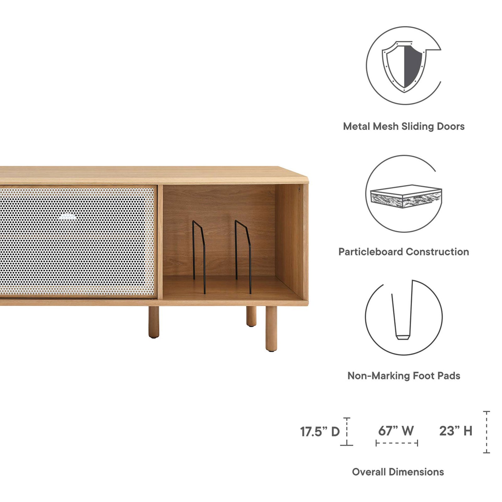 Feature icons highlight mesh doors, vinyl record dividers, particleboard frame, and non-marking foot pads || EEI-6236-OAK || callout_studio