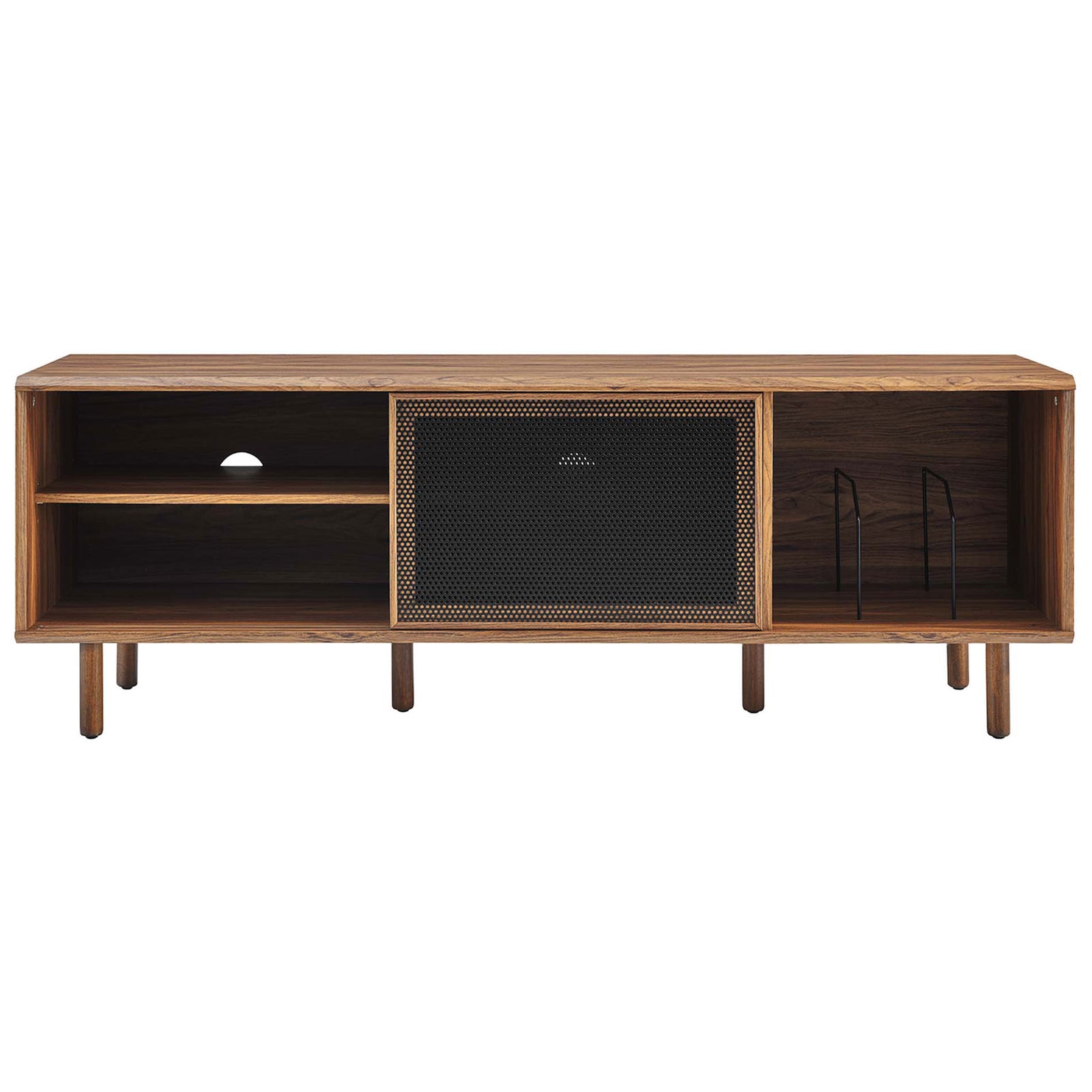 Walnut TV and record console with mesh door slid to reveal adjustable shelves and rear cable cutout || EEI-6236-WAL || front_studio