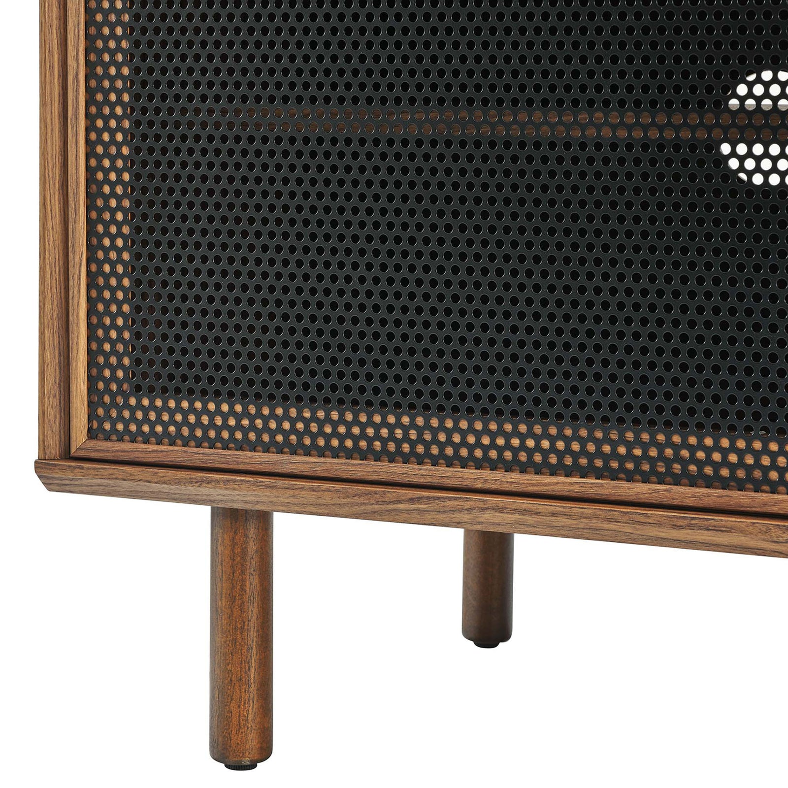 Design detail of walnut frame, black perforated mesh door, and sturdy round legs with protective pads || EEI-6236-WAL || leg_studio