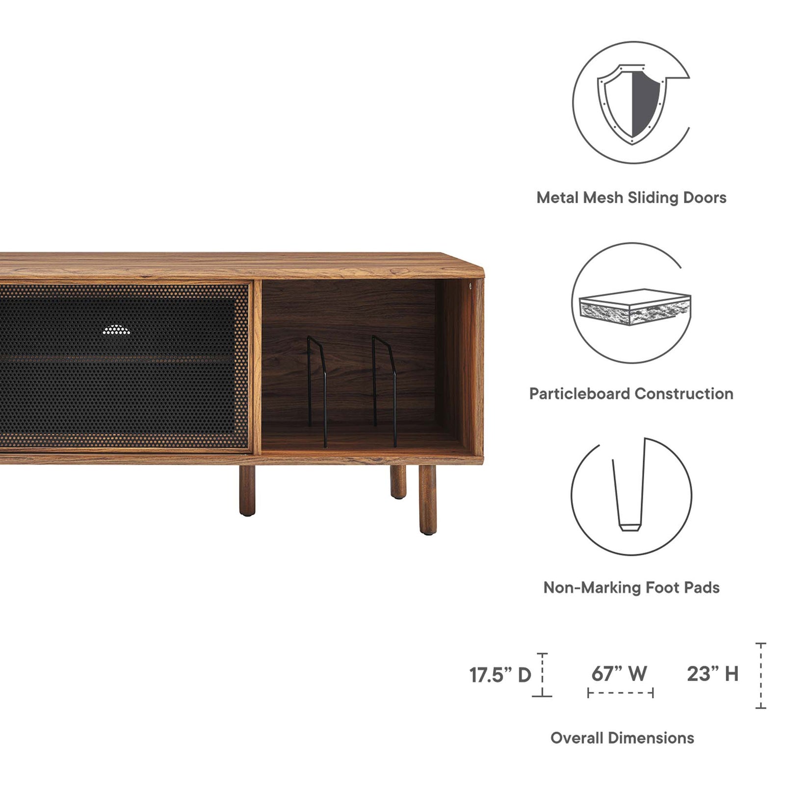 Feature icons highlight mesh doors, vinyl record dividers, particleboard construction, and non-marking foot pads || EEI-6236-WAL || callout_studio