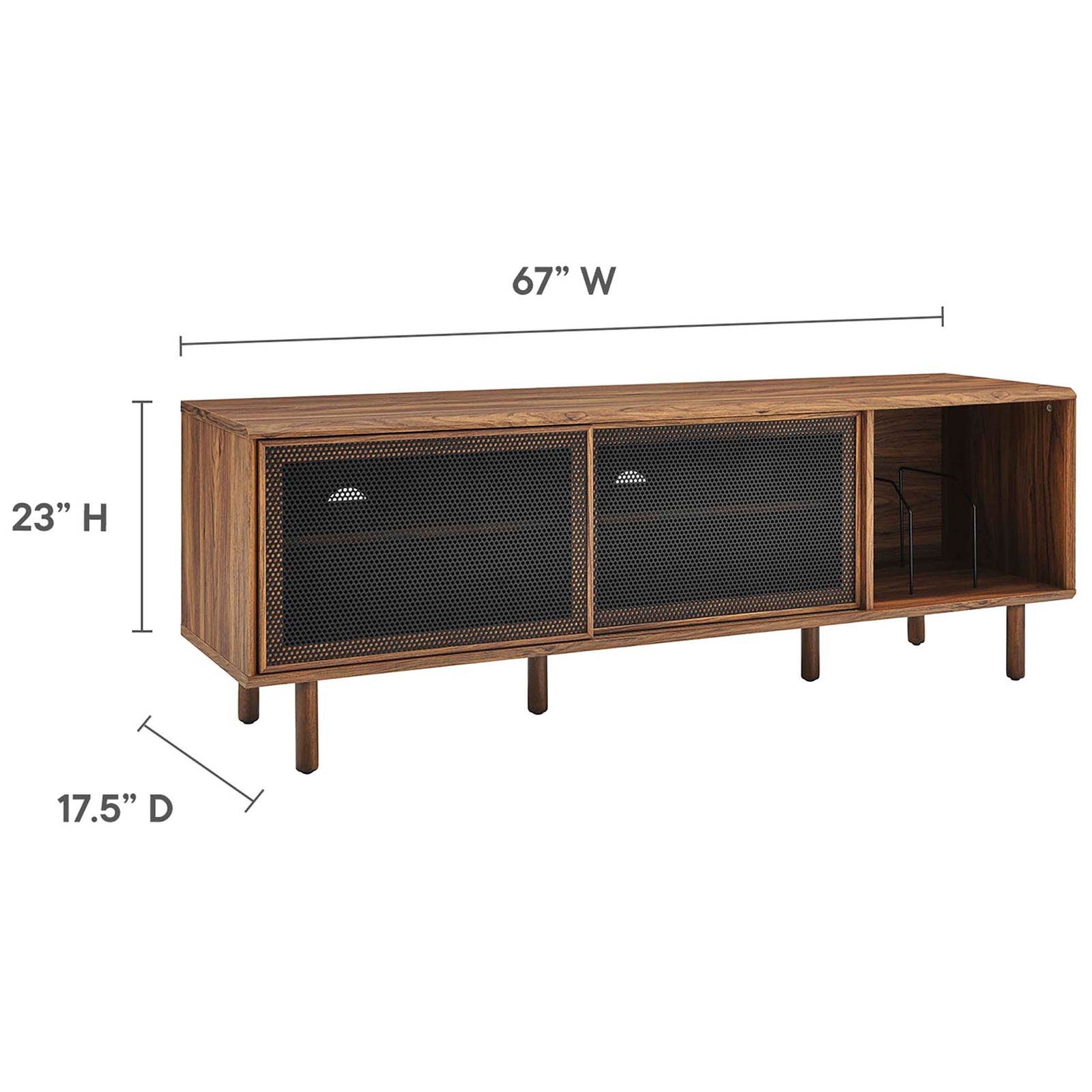 Dimension graphic shows Kurtis 67 in walnut TV and record stand at 67 in wide, 23 in high, and 17.5 in deep || EEI-6236-WAL || dimension_studio