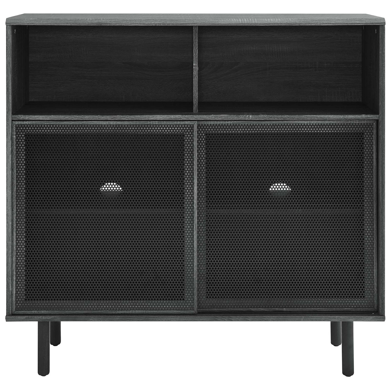 Charcoal display cabinet with dual metal mesh doors and open cubbies for modern storage and decor. || EEI-6237-CHA || front_studio