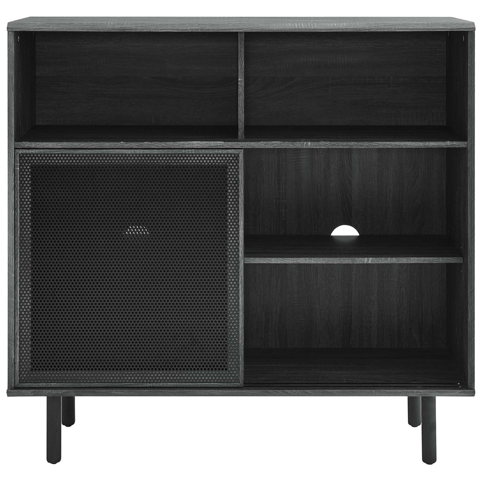 Sliding mesh door exposes the opposite storage bay, highlighting cable cutout and deep shelves for organization. || EEI-6237-CHA || front_open_studio