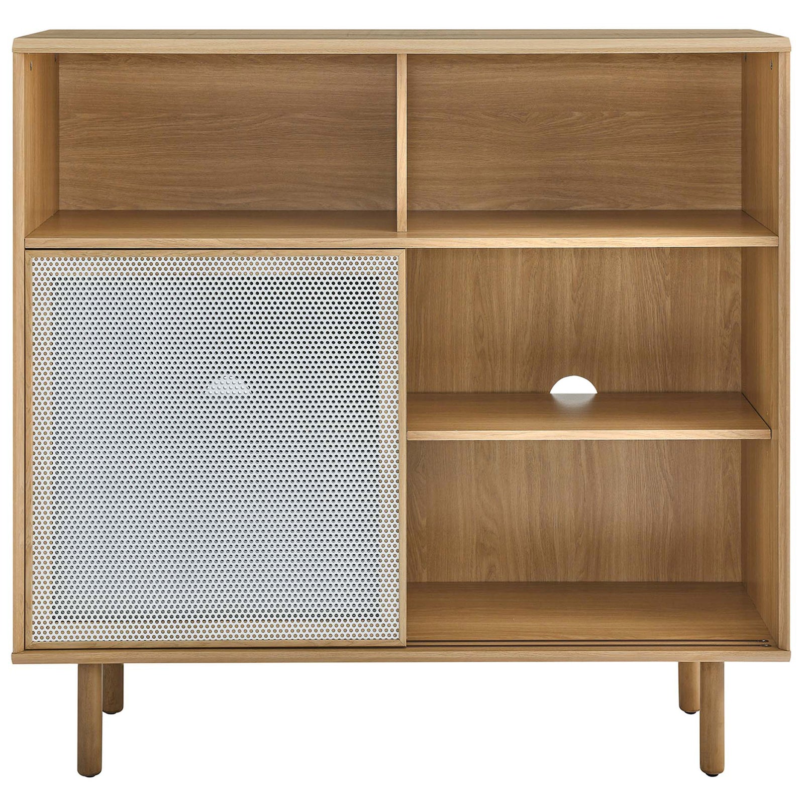 Sliding mesh panel exposes the opposite oak storage bay, ideal for displaying decor while keeping clutter concealed. || EEI-6237-OAK || front_open_studio