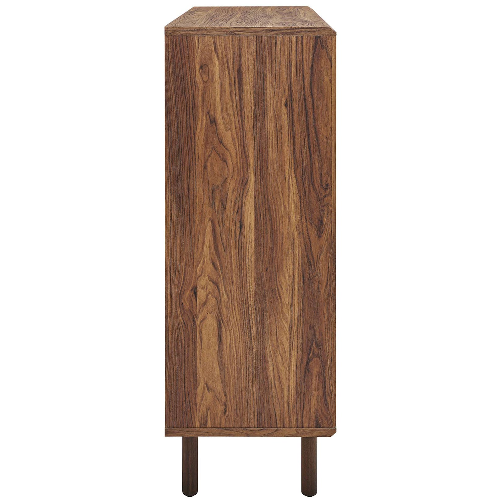 Walnut cabinet side view emphasizes natural grain pattern and elevated legs that keep the profile streamlined. || EEI-6237-WAL || side_studio