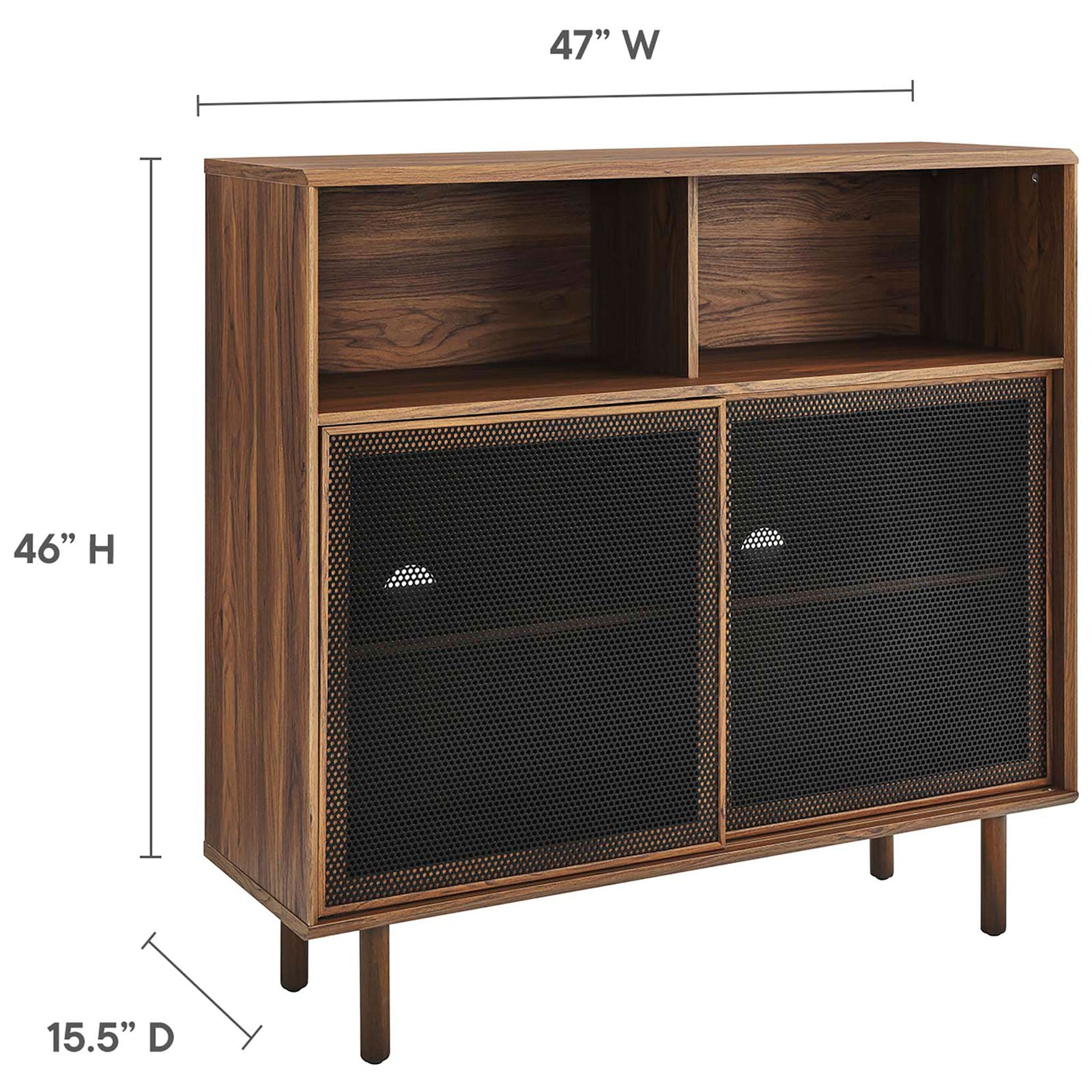 Dimension graphic shows the Kurtis walnut cabinet measurements to assist with layout and TV compatibility. || EEI-6237-WAL || dimension_studio