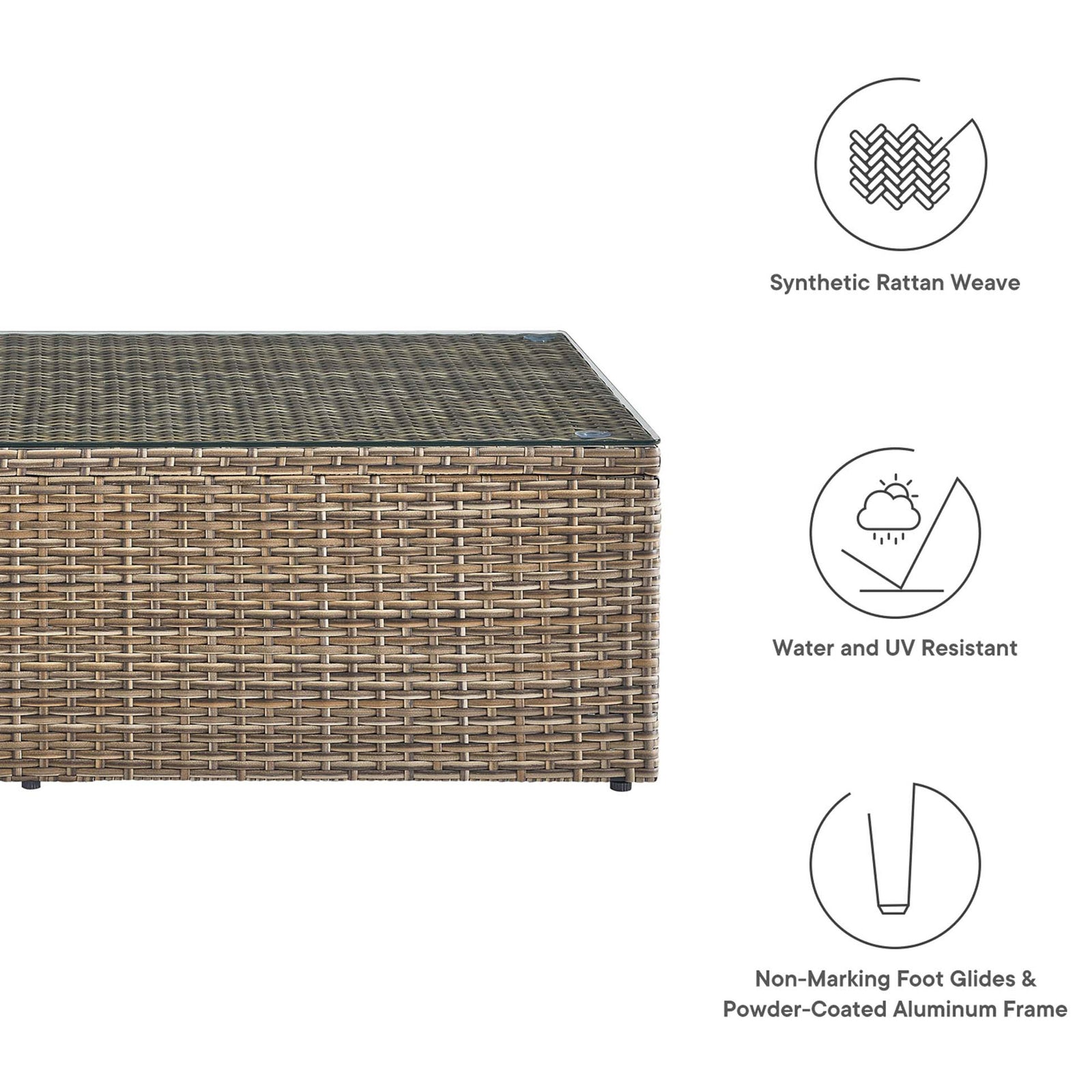 Brown wicker coffee table highlighting synthetic rattan weave, UV resistance, and non-marking foot glides || EEI-6239 || callout_studio