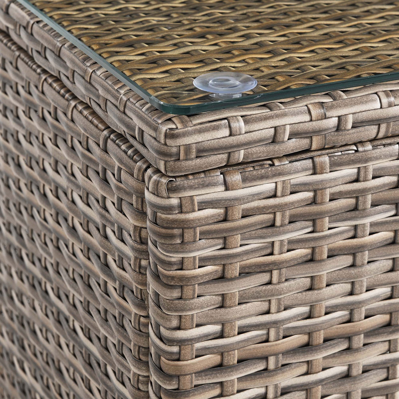 Close-up of rattan weave and glass corner detailing on outdoor side table || EEI-6240 || detail_studio