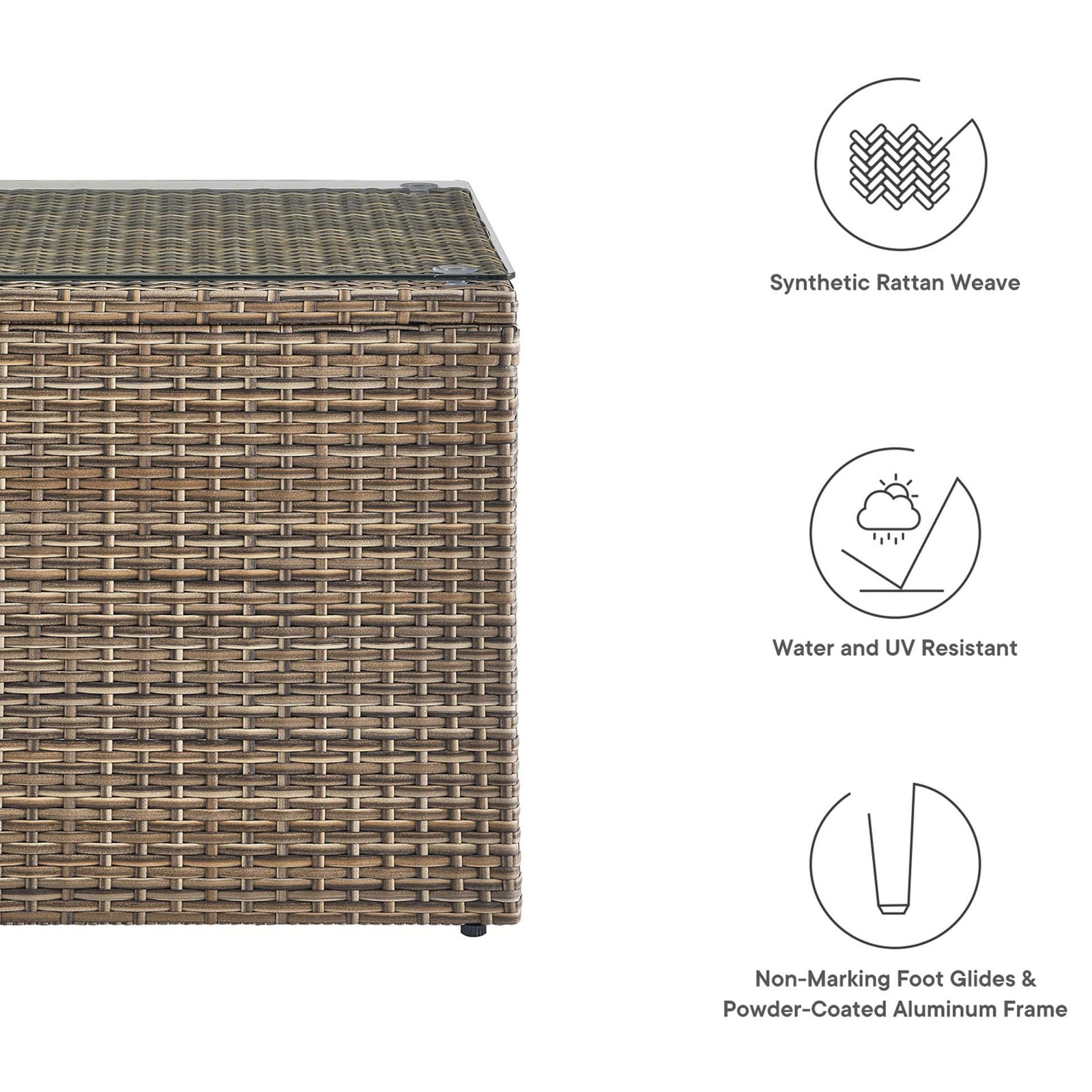 Feature highlights for durable rattan outdoor side table with UV and water resistance icons || EEI-6240 || callout_studio
