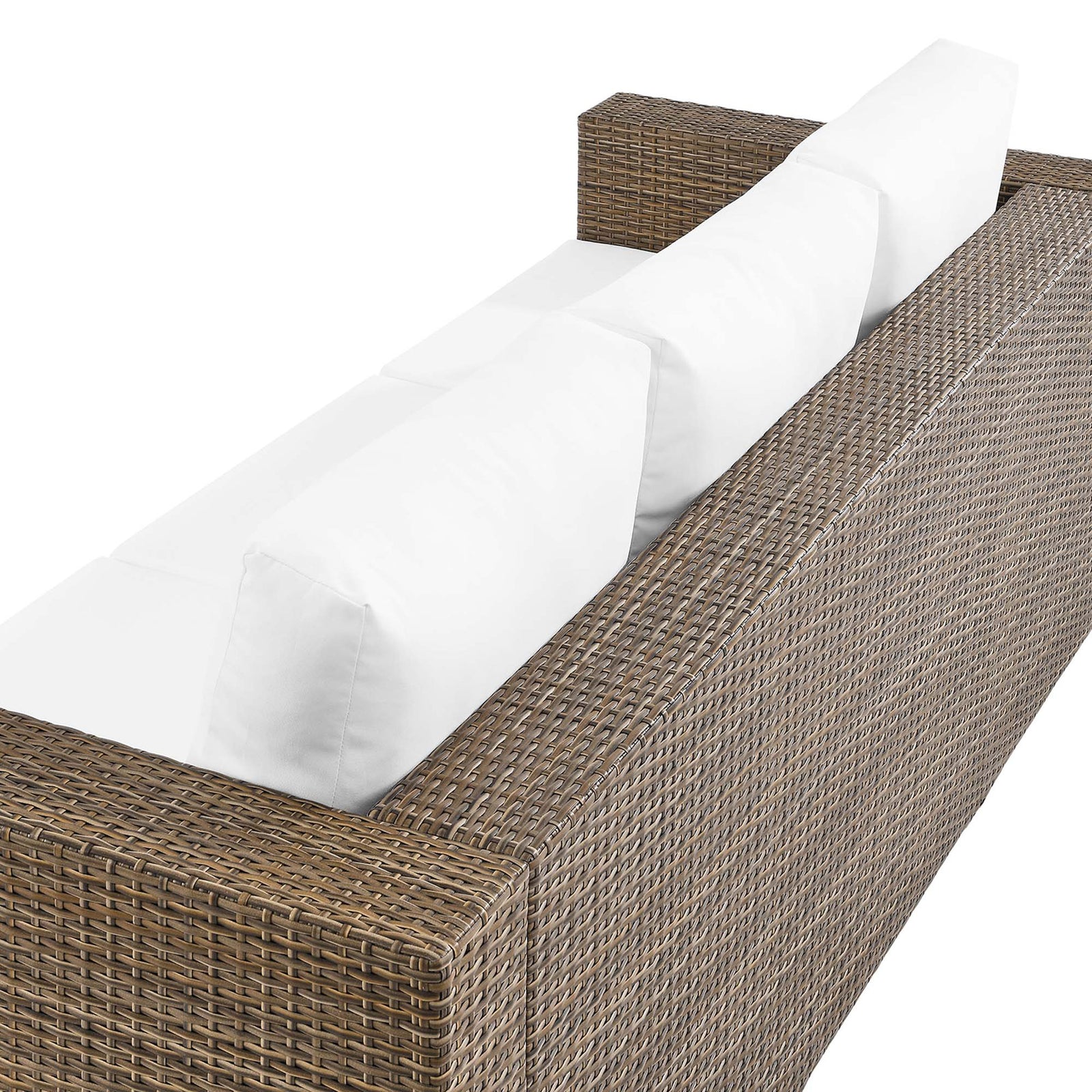 Back cushions and tightly wrapped cappuccino rattan frame create a tailored finish on this outdoor sofa. || EEI-6245-CAP-WHI || detail_studio