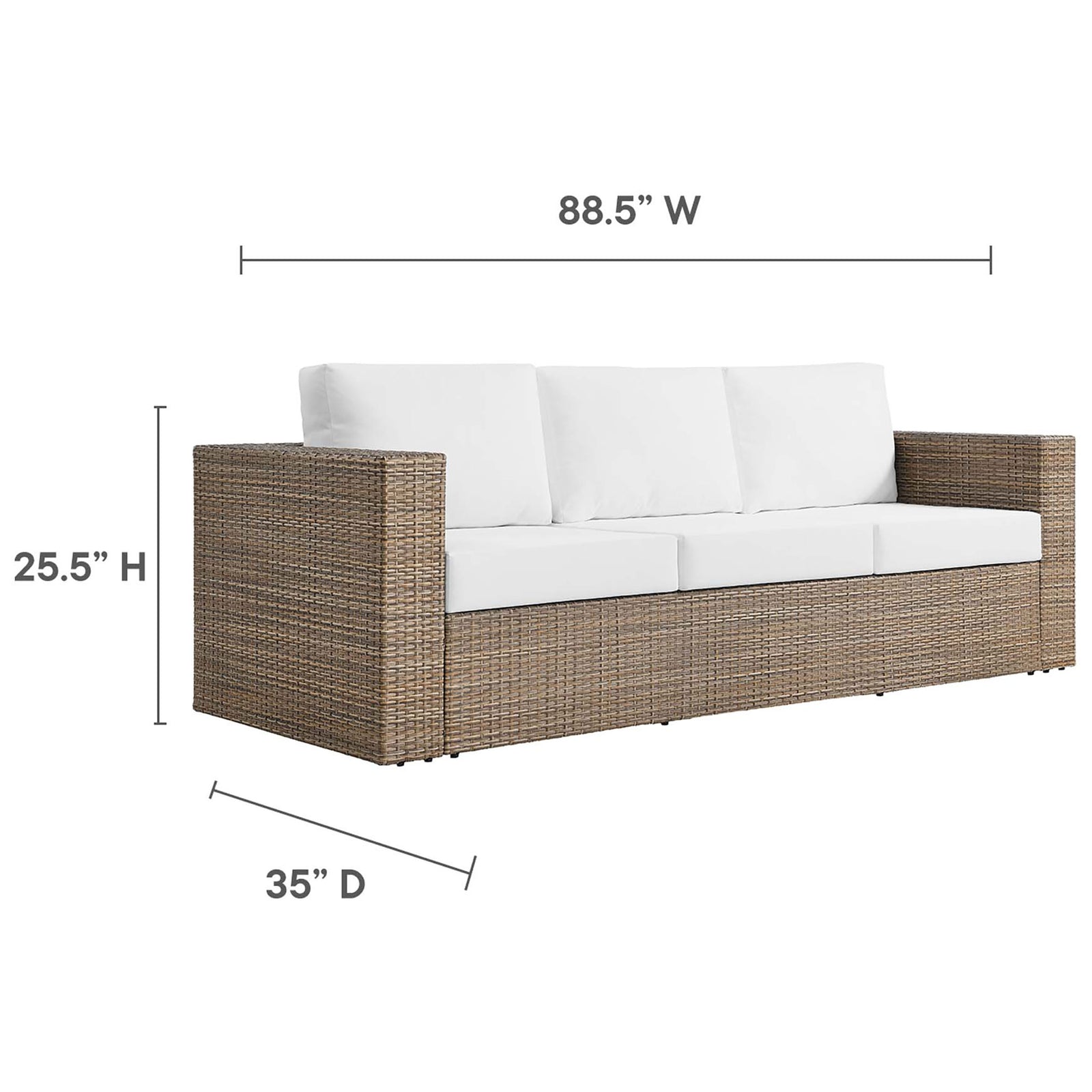 Dimensions for the Convene outdoor sofa showing generous seating width, depth, and low back height. || EEI-6245-CAP-WHI || dimension_studio