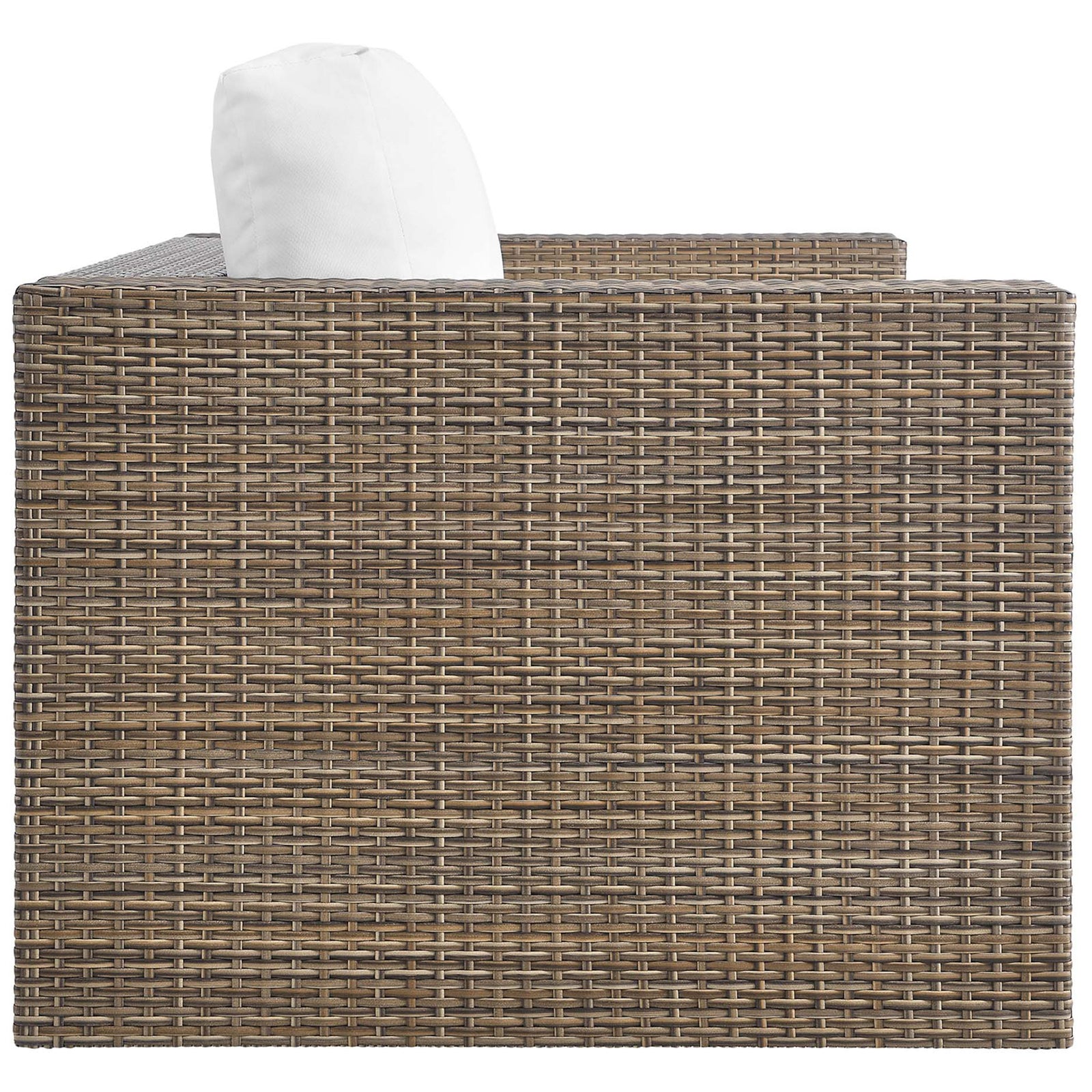 Boxy arm design and woven cappuccino rattan highlight this modern outdoor loveseat silhouette || EEI-6246-CAP-WHI || side_studio