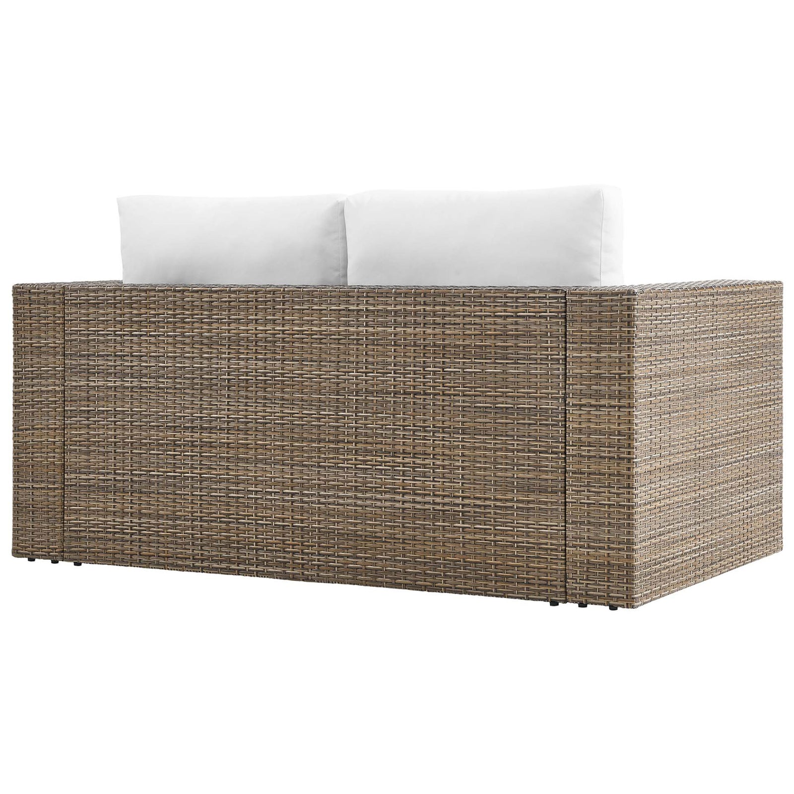 Continuous wicker back and sides create a smooth, tailored look on this cappuccino outdoor loveseat || EEI-6246-CAP-WHI || back_studio