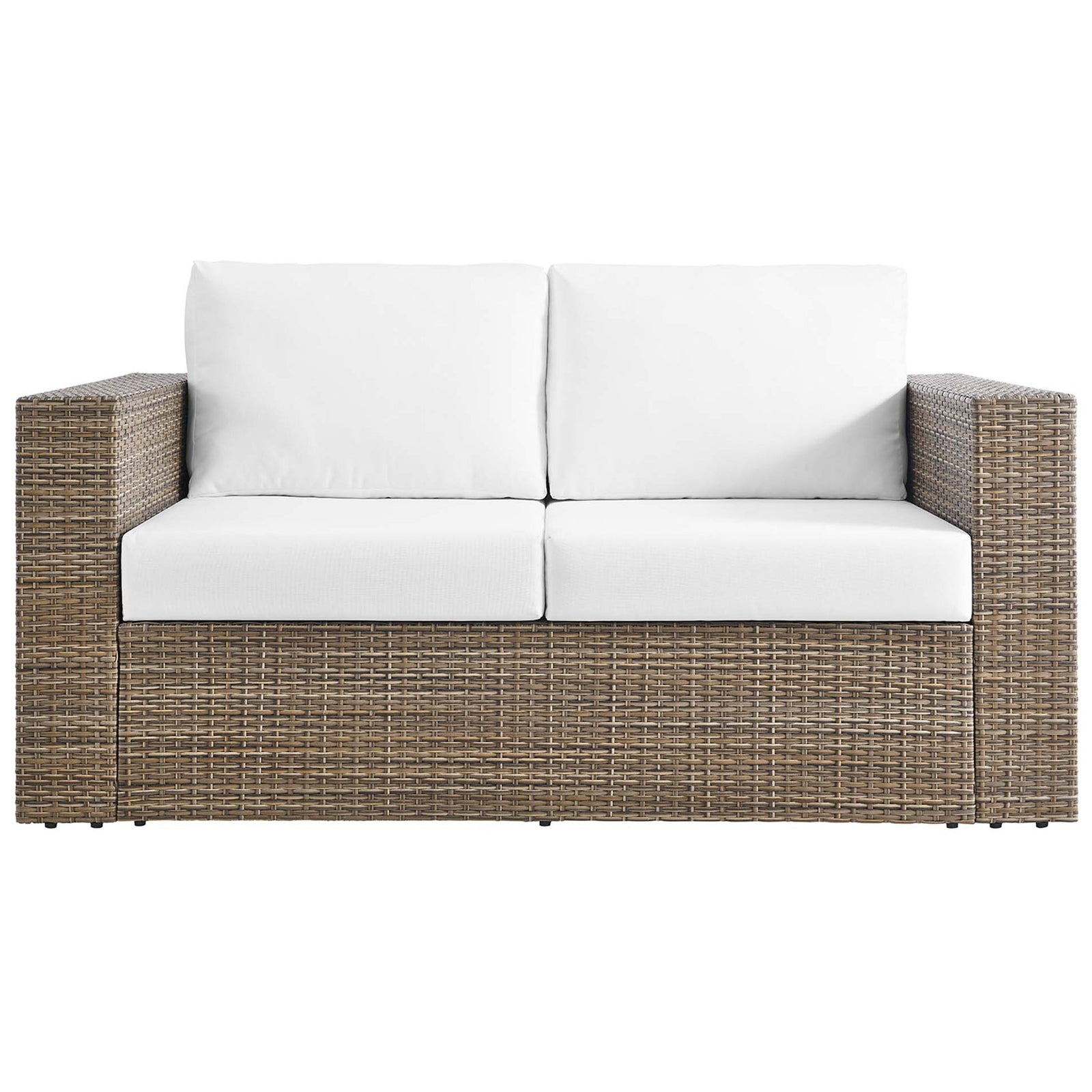 Cappuccino rattan loveseat with plush white seat and back cushions offers inviting outdoor seating for two || EEI-6246-CAP-WHI || front_studio