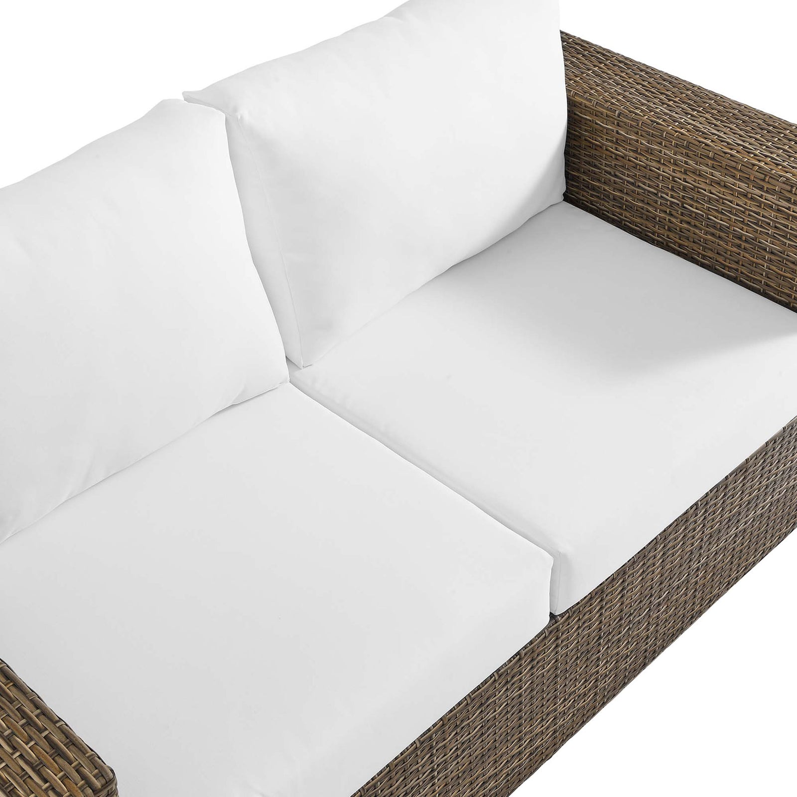 Wide bench seat and thick white cushions provide roomy, relaxed comfort on this cappuccino outdoor loveseat || EEI-6246-CAP-WHI || top_angle_studio