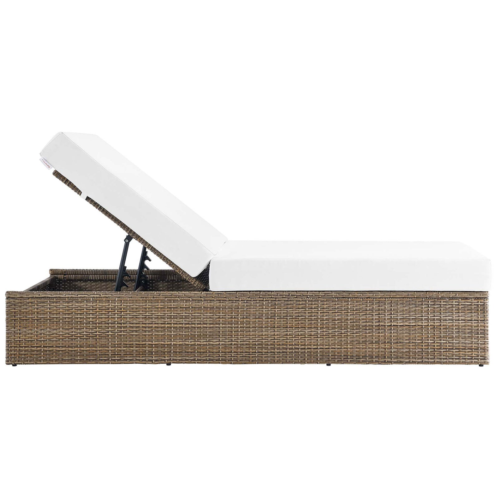 Outdoor chaise lounge with reclining cushioned backrest on a sturdy woven base for relaxing by the pool || EEI-6247-CAP-WHI || side_converted_studio