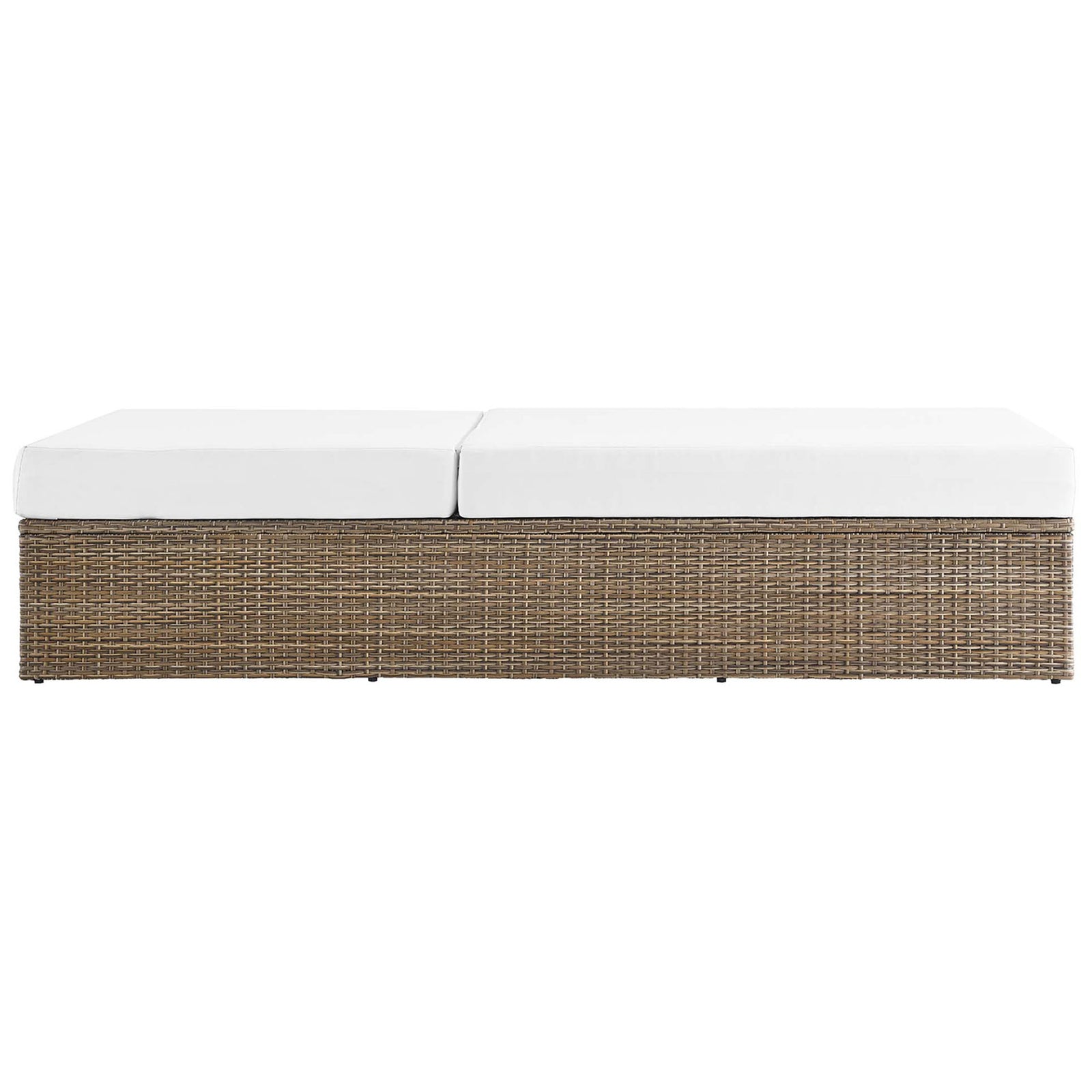 Low-profile outdoor chaise lounge with flat cushioned surface and tightly woven cappuccino frame || EEI-6247-CAP-WHI || side_studio