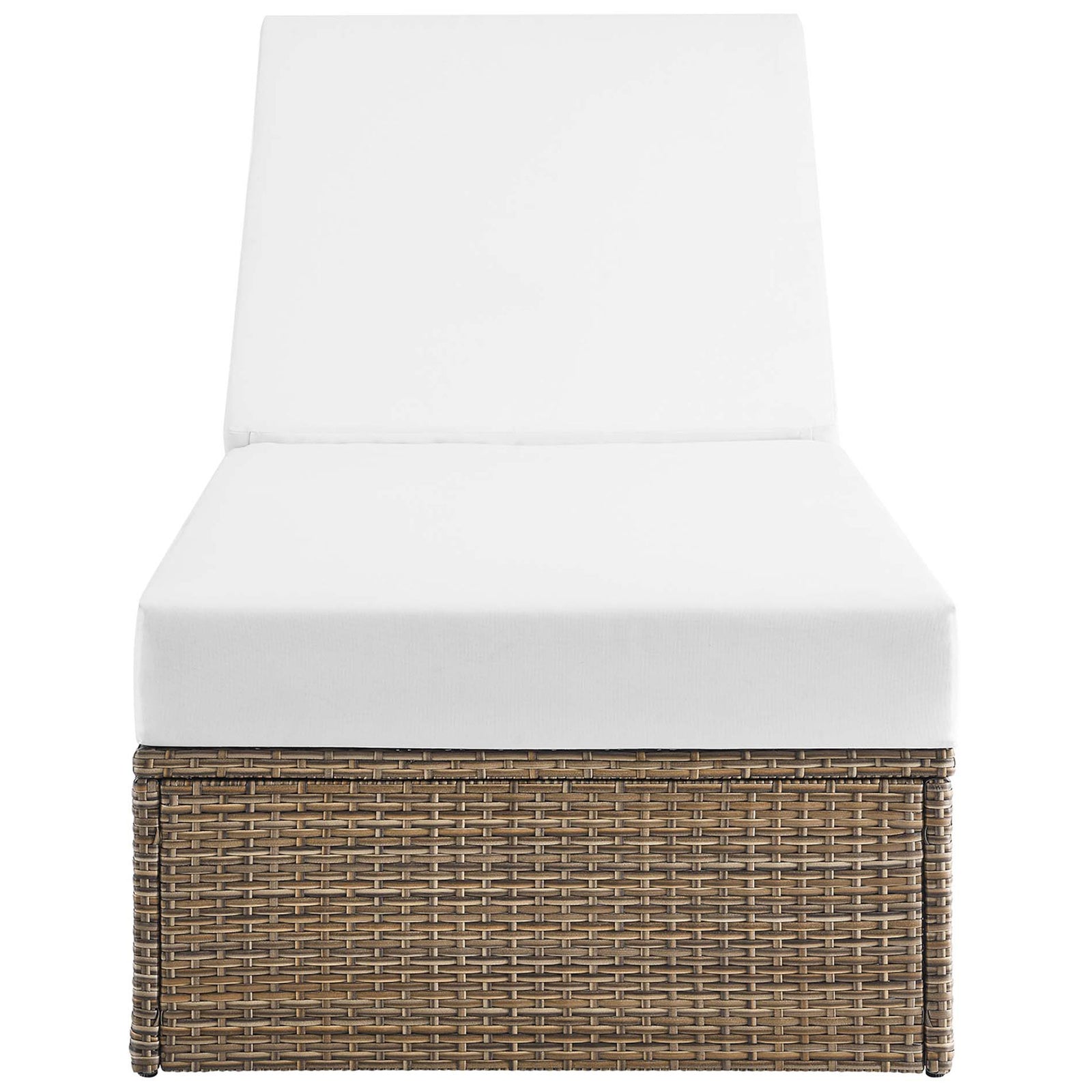 Adjustable outdoor wicker chaise lounge with plush white cushions and clean, low-profile silhouette || EEI-6247-CAP-WHI || front_converted_studio