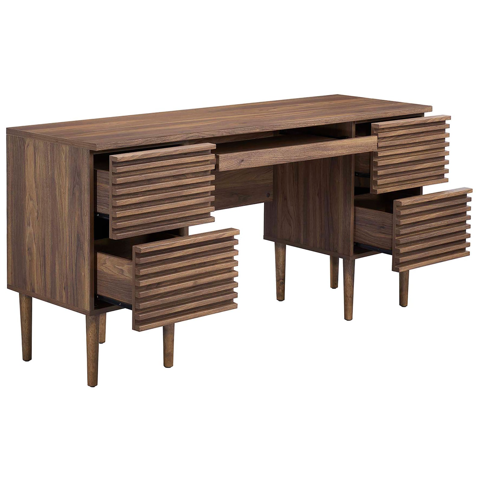 Spacious desk storage with four full-extension drawers and a pull-out keyboard tray in warm walnut finish || EEI-6254-WAL || front_angle_open_studio