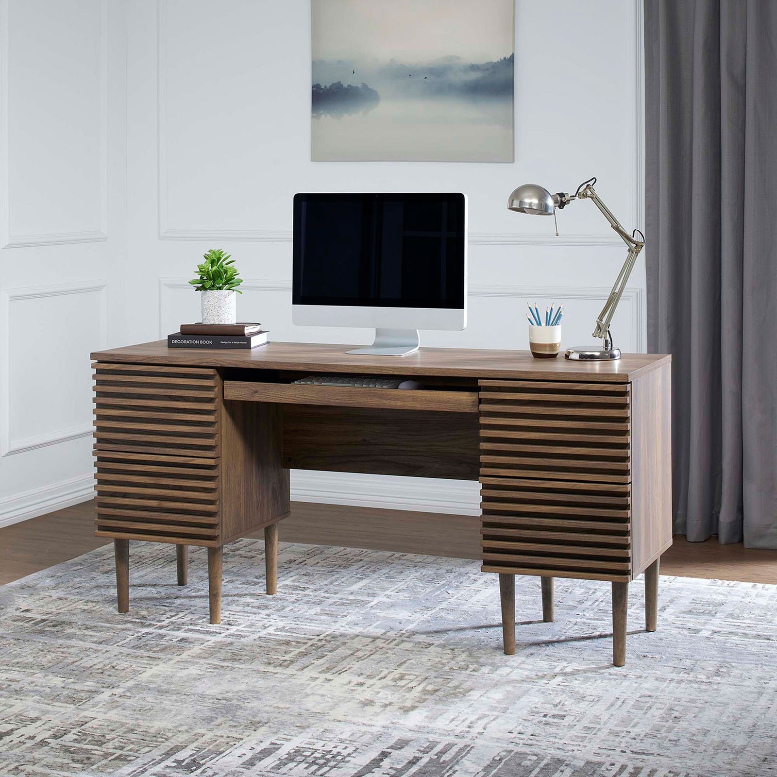 Walnut desk elevates your home office with ribbed drawers, tapered legs, and generous workspace || EEI-6254-WAL || front_angle_room