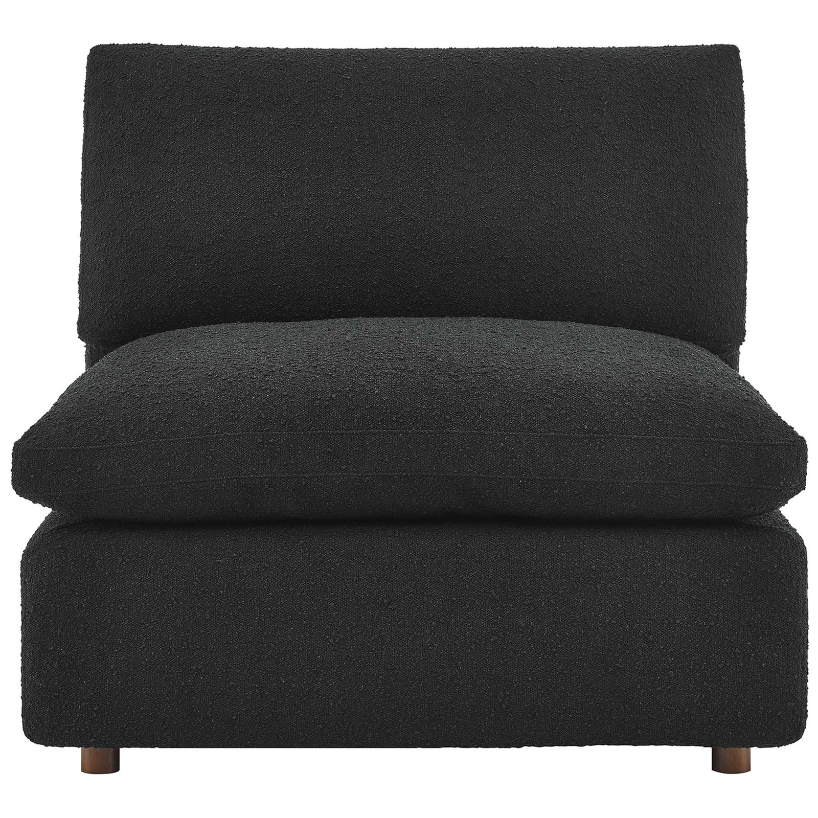 Modern armless chair with sink-in down-filled cushions and cozy boucle texture in black || EEI-6257-BLK || front_studio