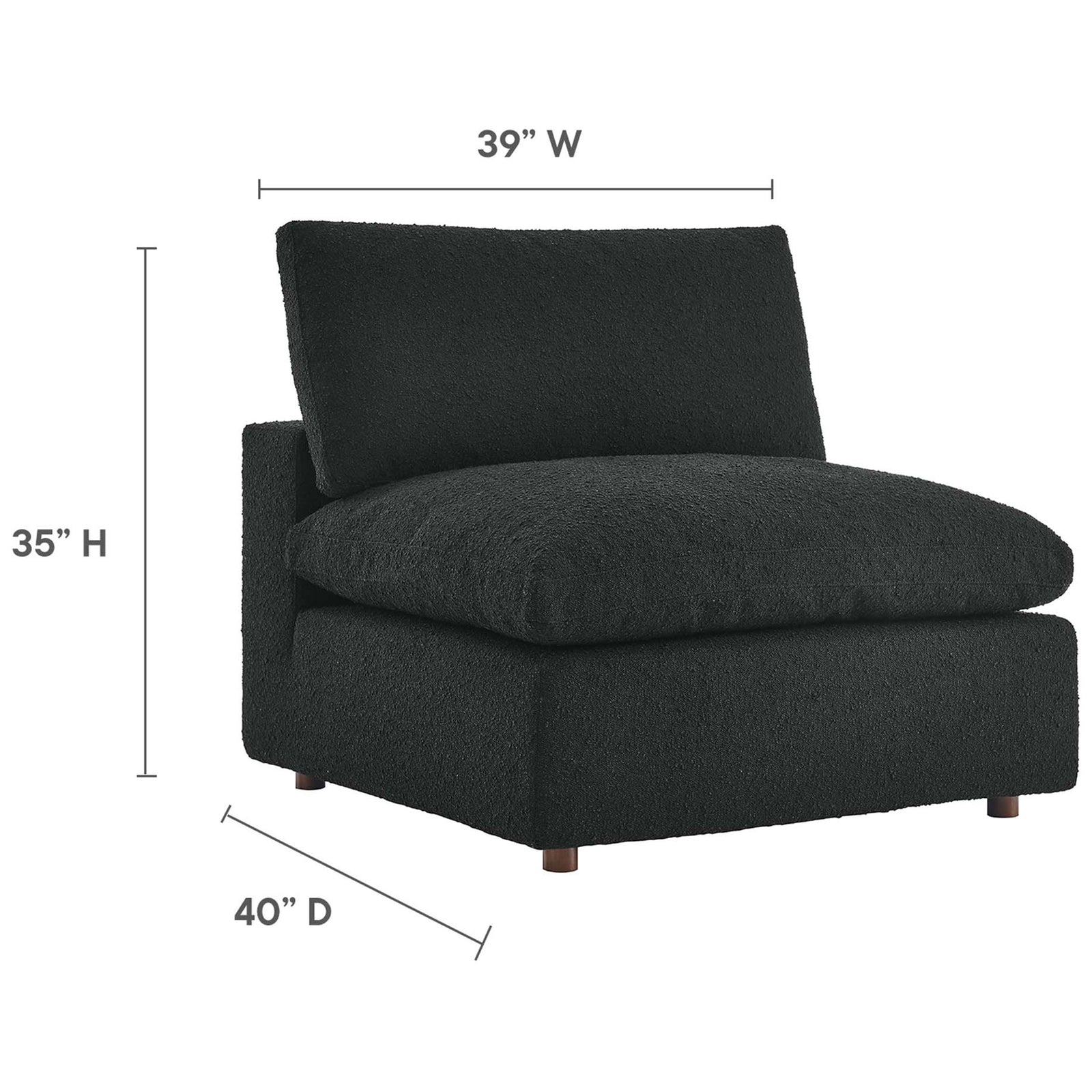 Spacious armless chair sized 39 in. wide by 40 in. deep by 35 in. high for relaxed seating || EEI-6257-BLK || dimension_studio