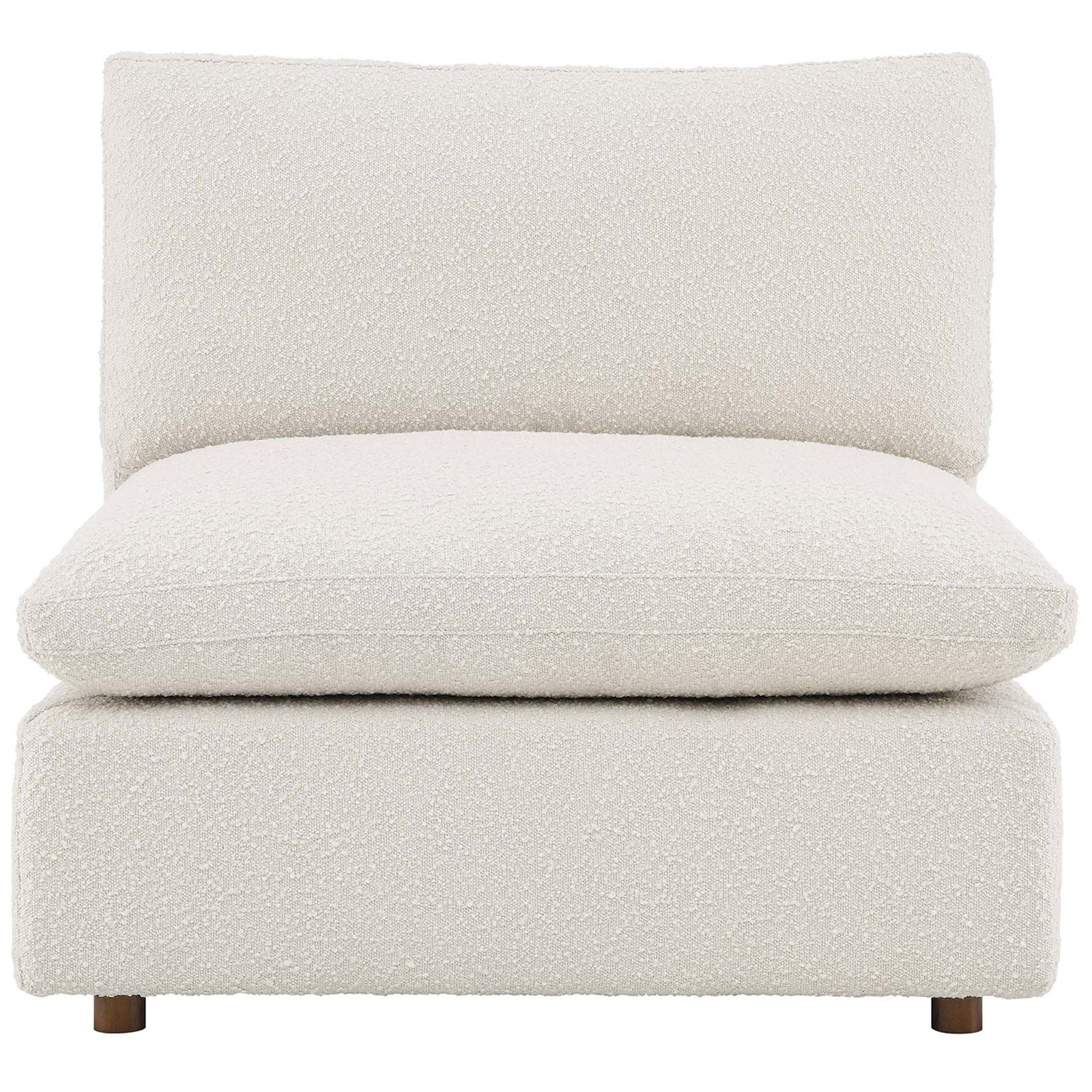 Overstuffed down cushions invite lounging on this plush ivory boucle armless chair || EEI-6257-IVO || front_studio