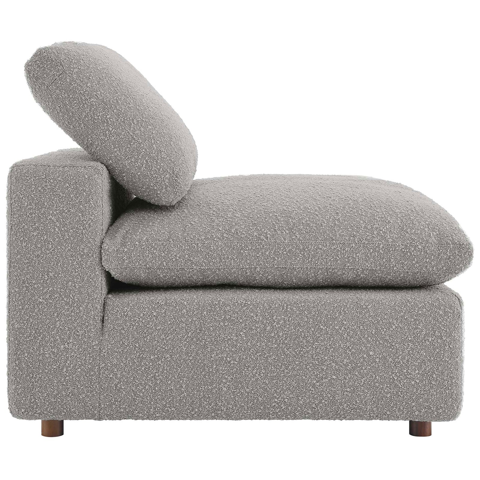Thick seat cushion and gently reclined back in nubby light gray boucle upholstery || EEI-6257-LGR || side_studio