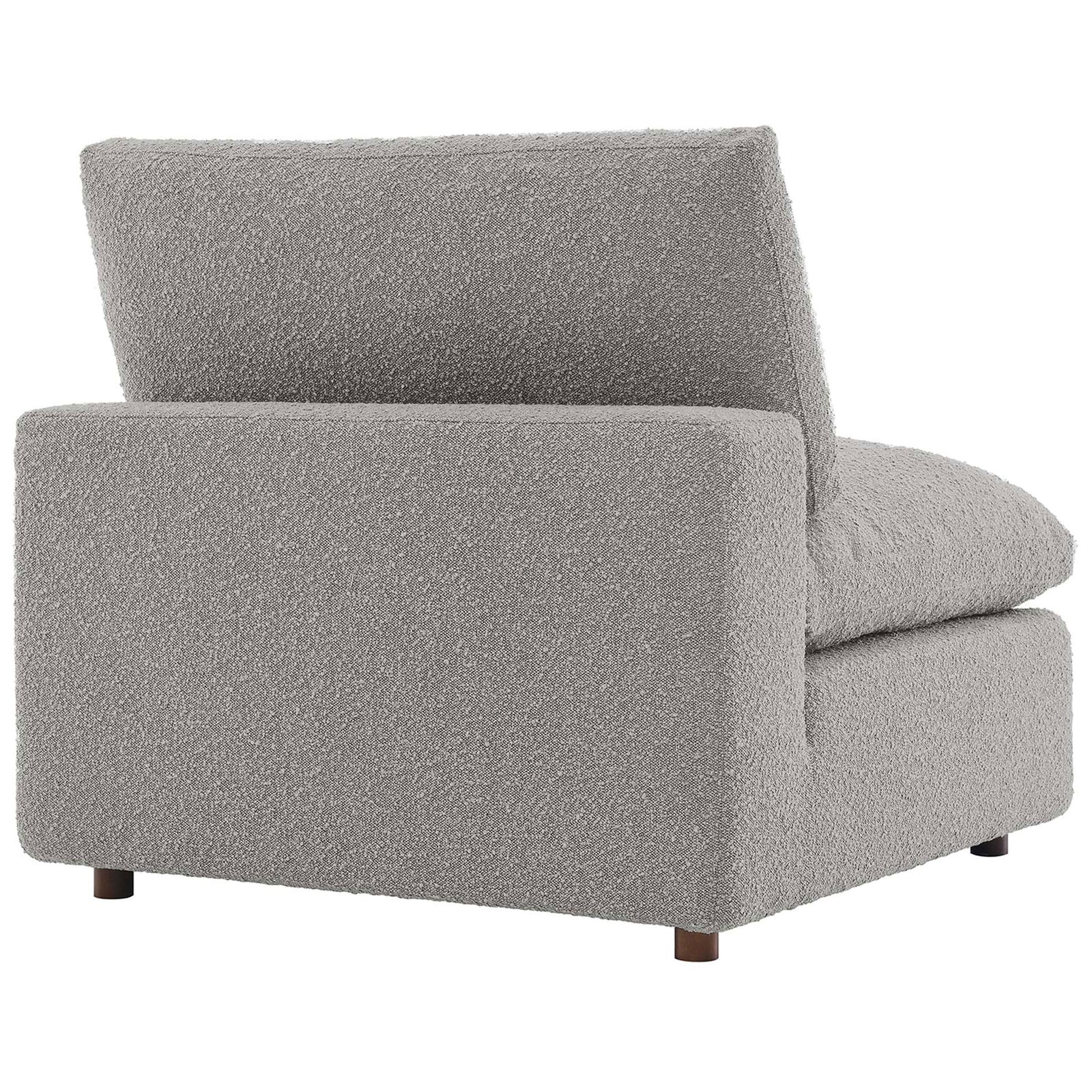 Fully upholstered back and clean-lined silhouette in soft light gray boucle || EEI-6257-LGR || back_angle_studio
