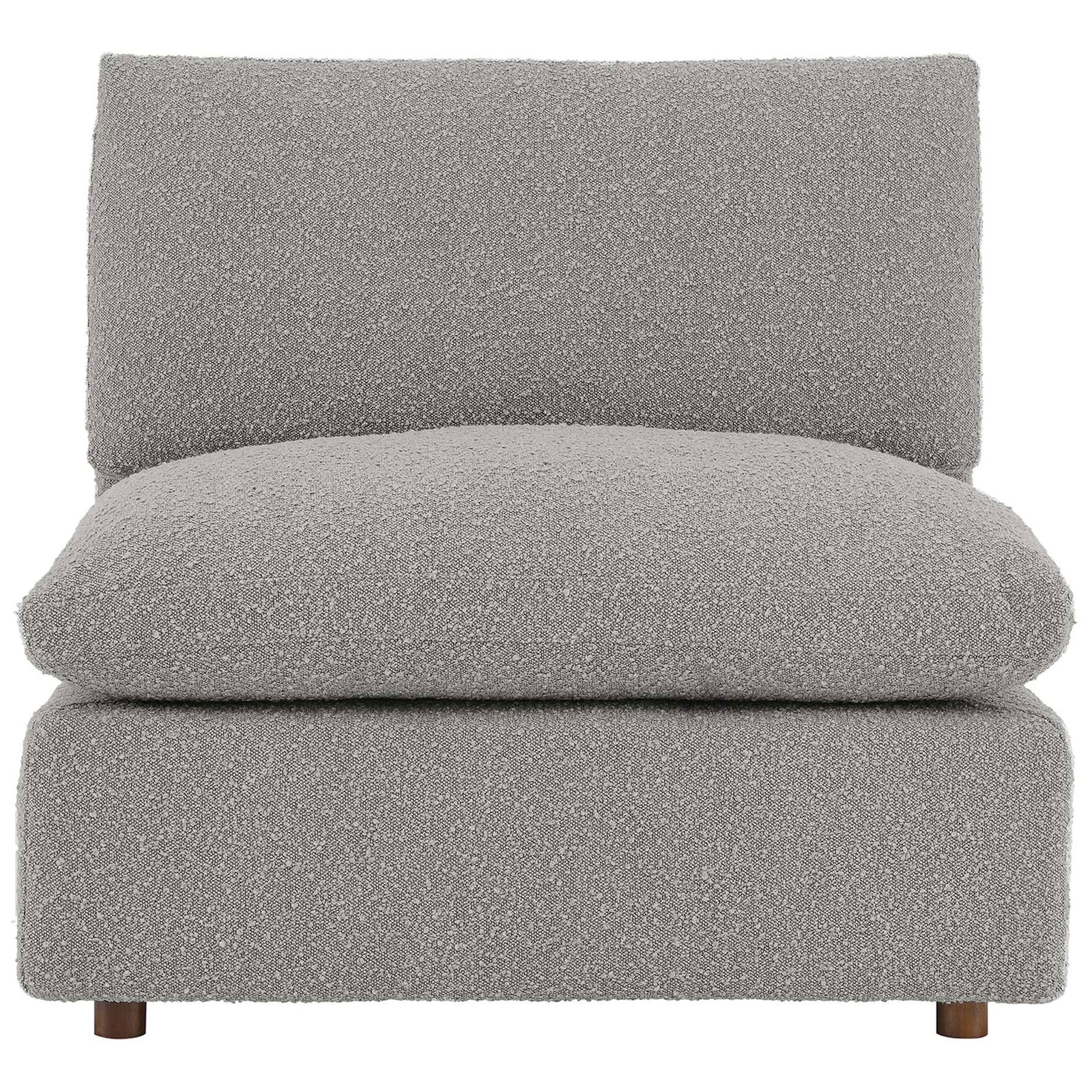 Deep-seated light gray boucle armless chair with overstuffed down cushions and lounge-worthy comfort || EEI-6257-LGR || front_studio