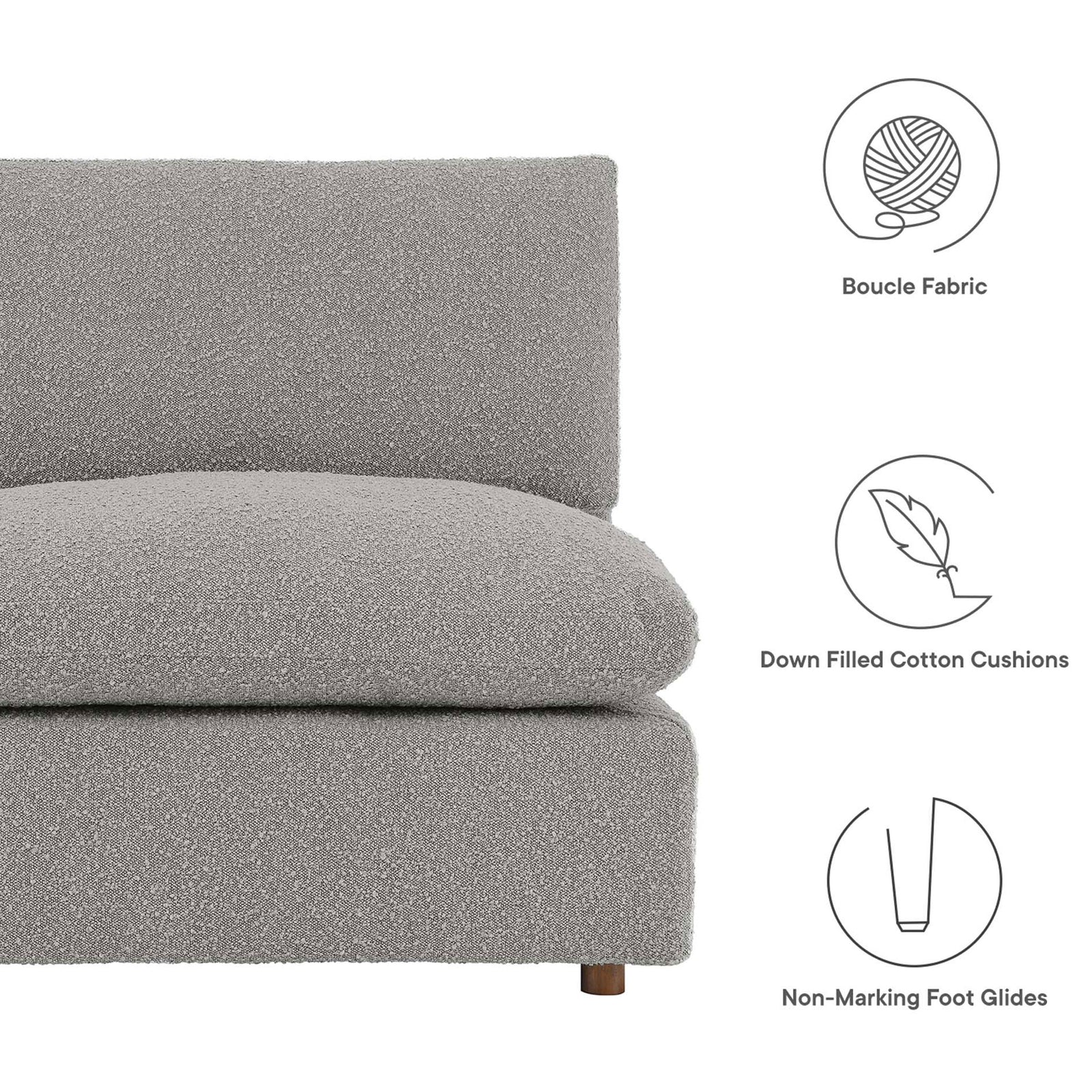 Boucle upholstery, down-filled cotton cushions, and non-marking foot glides for lasting comfort || EEI-6257-LGR || callout_studio