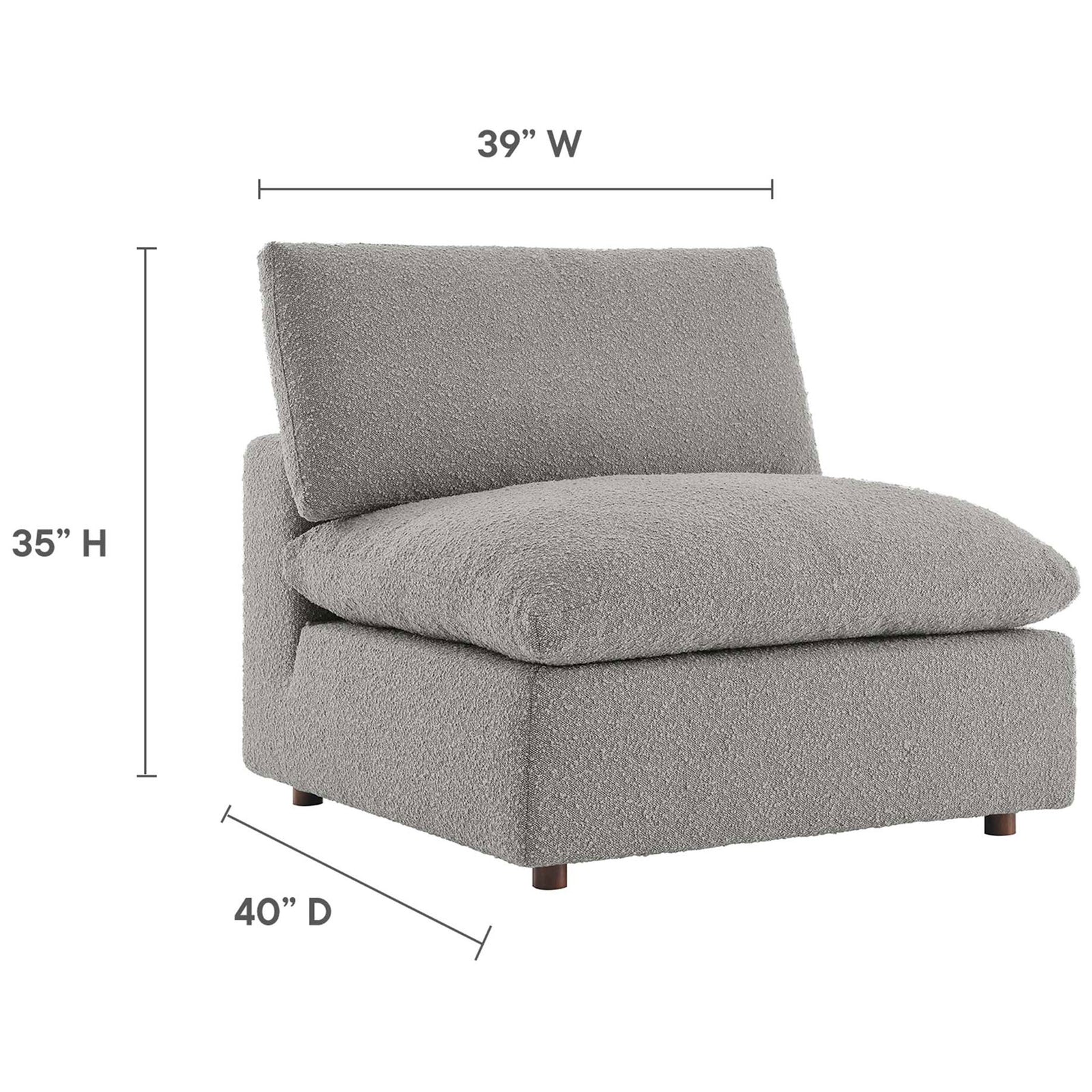 Spacious armless chair measuring 39 W x 40 D x 35 H in soft light gray boucle || EEI-6257-LGR || dimension_studio
