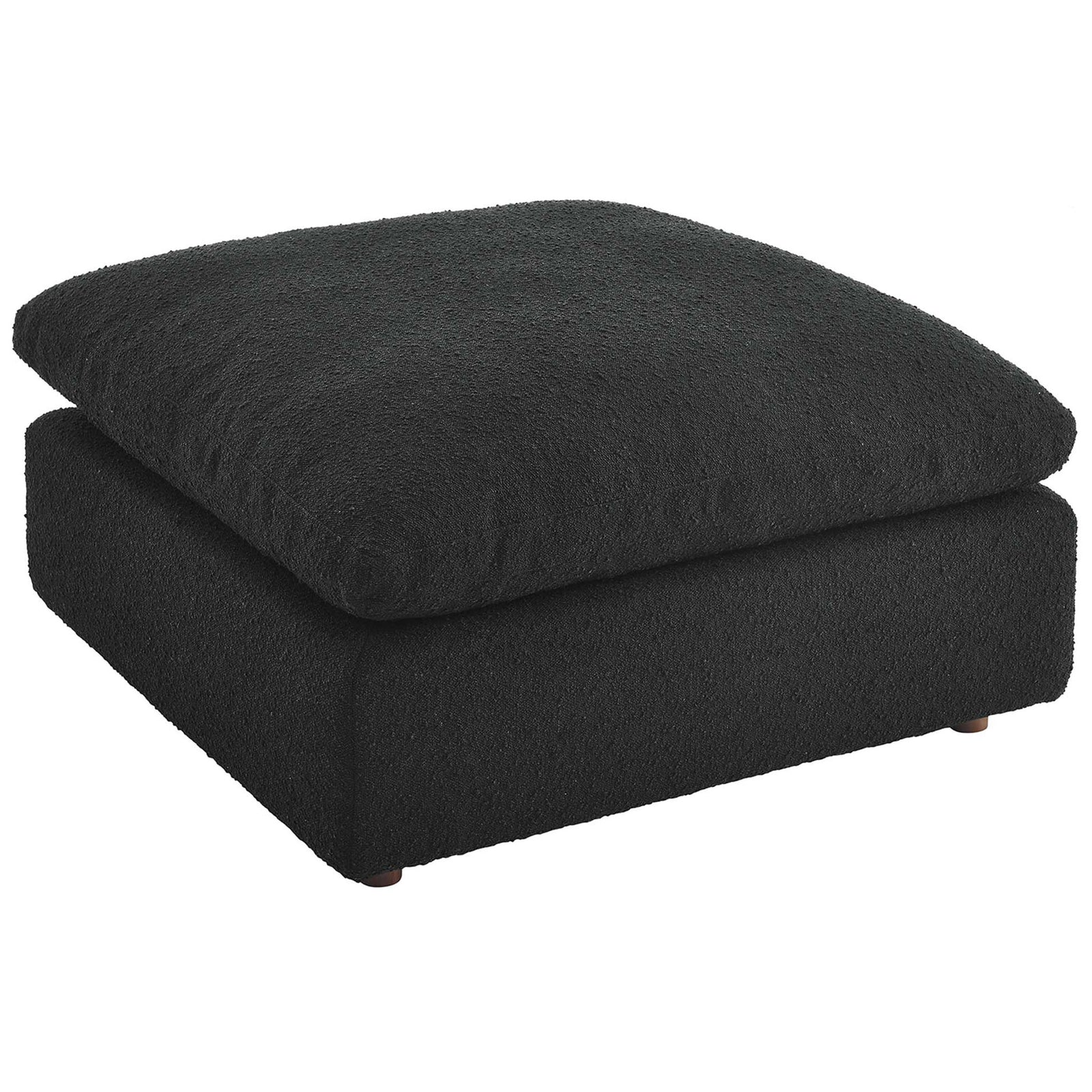 Square black boucle ottoman with broad cushioned top that invites laid-back lounging in any living space || EEI-6258-BLK || top_angle_studio