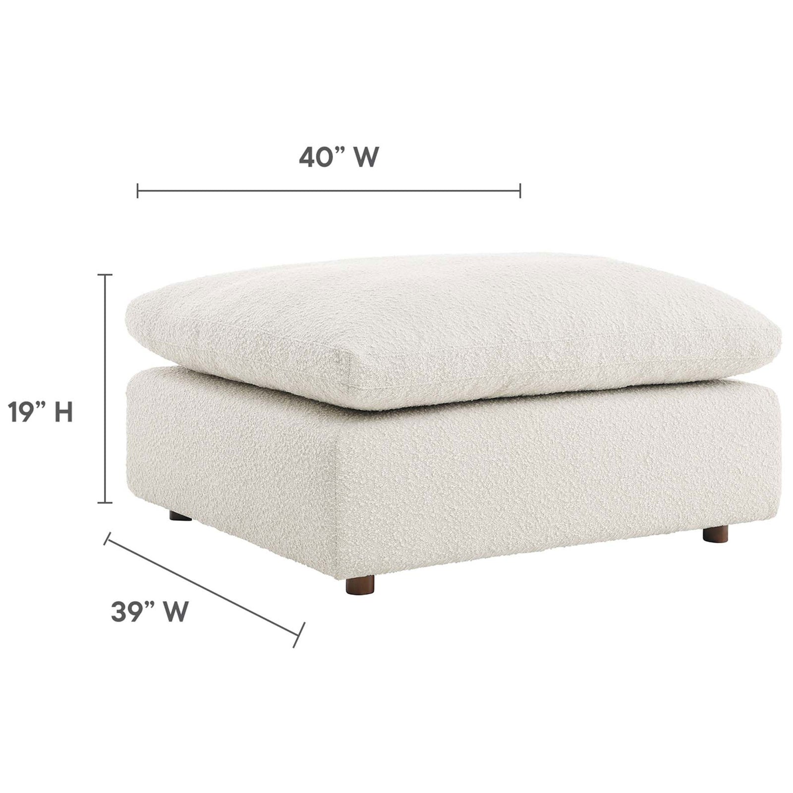 Ivory boucle ottoman with oversized cushion and dimensions ideal for use as a footrest or coffee table. || EEI-6258-IVO || dimension_studio