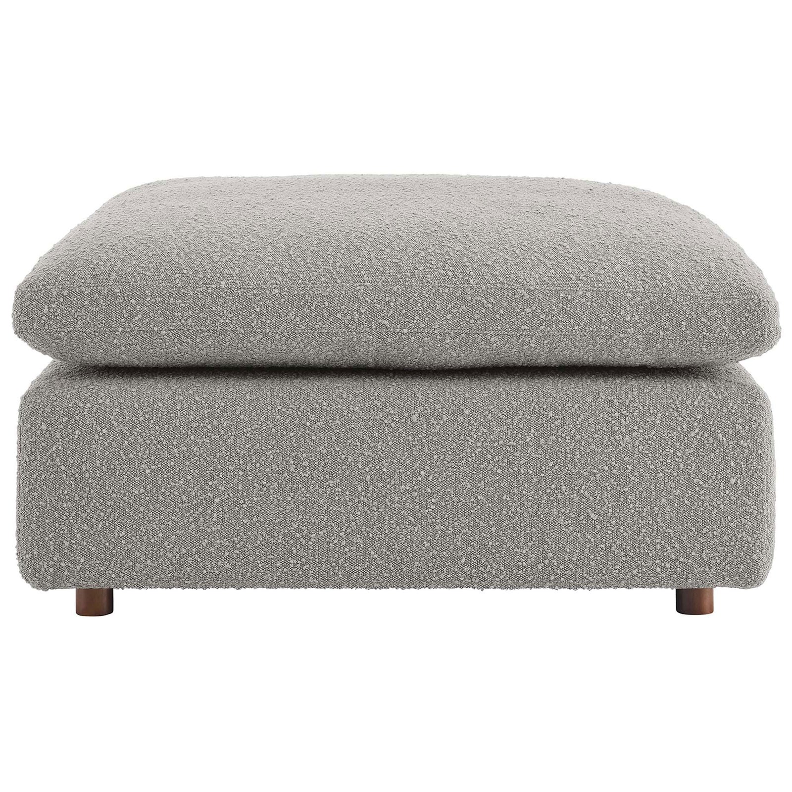 Light gray boucle ottoman with overstuffed cushion and low profile for modern lounging comfort || EEI-6258-LGR || front_studio