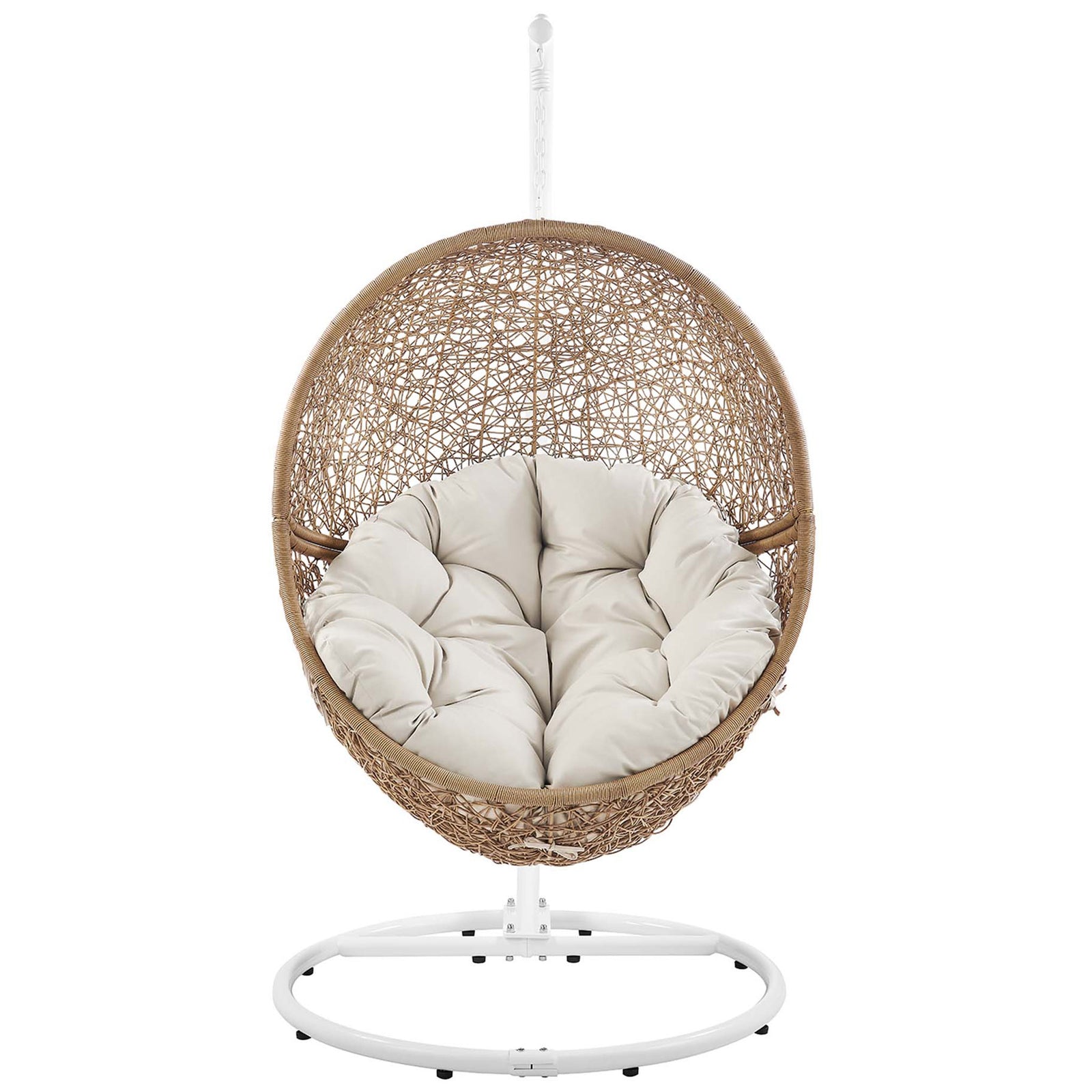 Cappuccino rattan swing chair with plush beige cushion and white steel base for relaxed lounging. || EEI-6262-CAP-BEI || front_studio