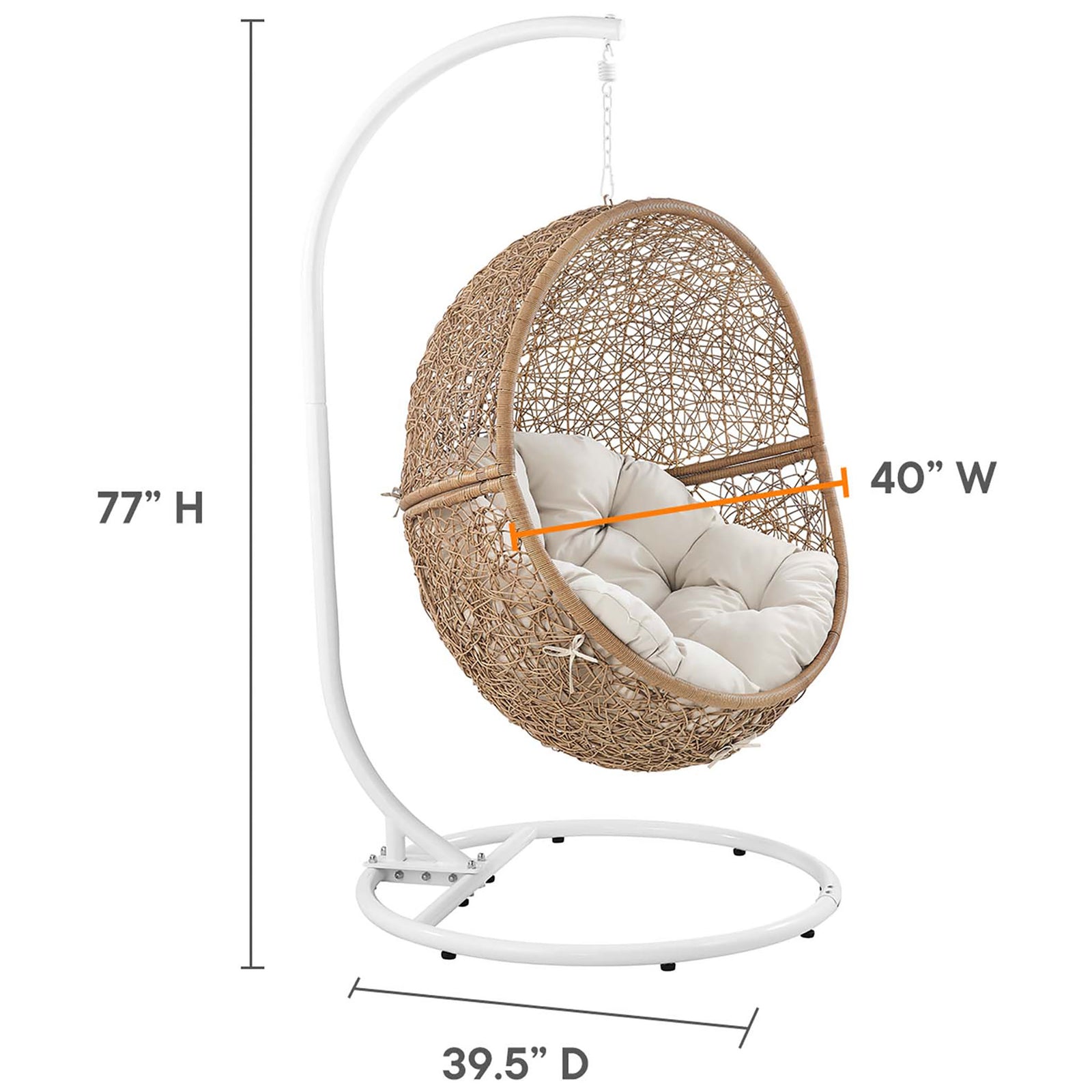 Dimension illustration displays the overall height, width, and depth of the cappuccino beige swing chair. || EEI-6262-CAP-BEI || dimension_studio