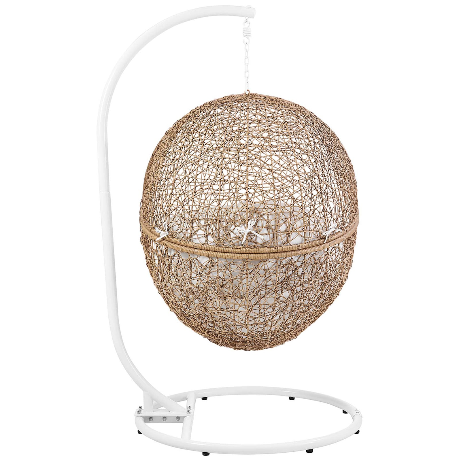 Cappuccino rattan shell forms a sculptural globe, emphasizing the airy weave of this hanging swing chair. || EEI-6262-CAP-WHI || back_studio