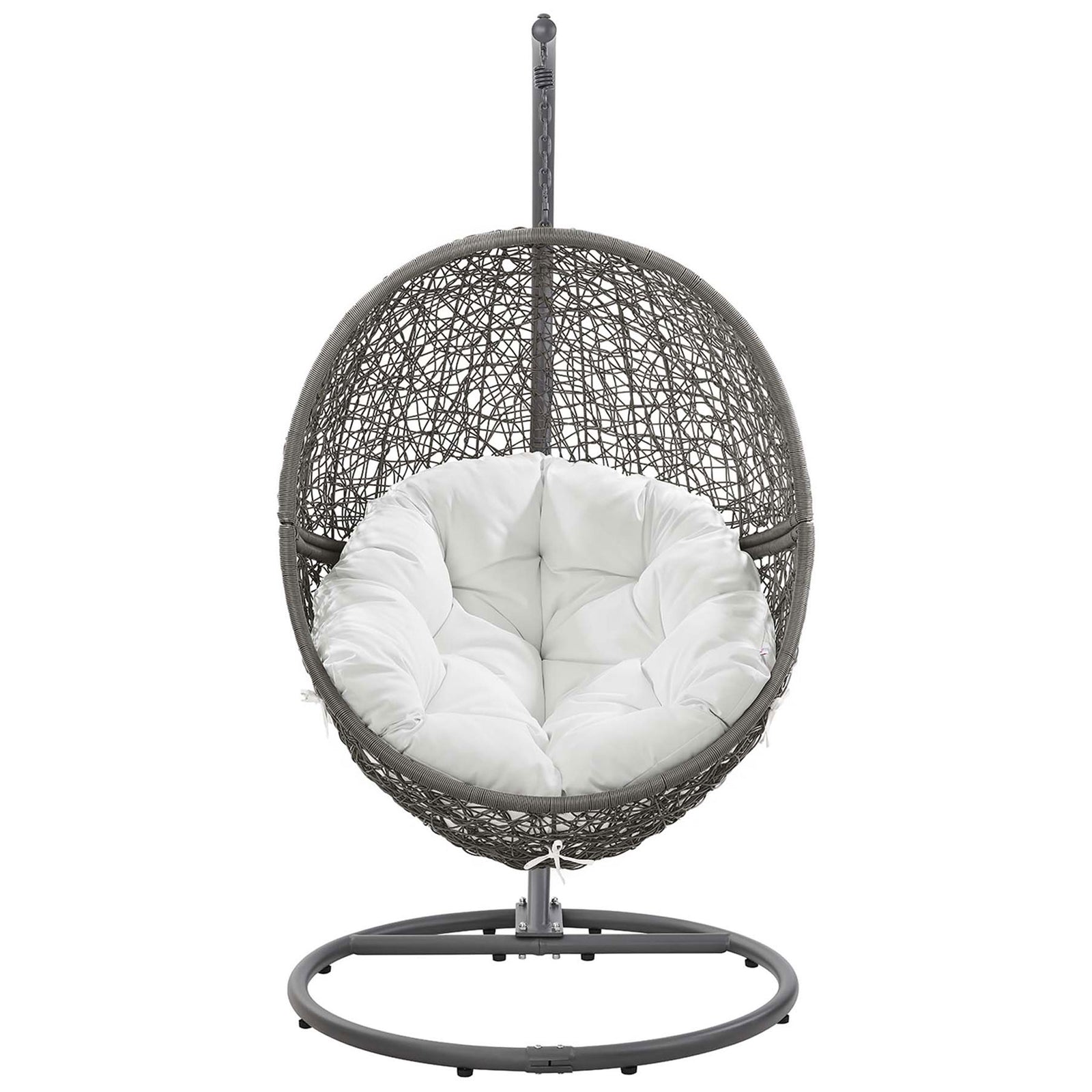 Gray rattan swing chair with overstuffed white cushion and matching gray steel base for outdoor relaxation. || EEI-6262-GRY-WHI || front_studio