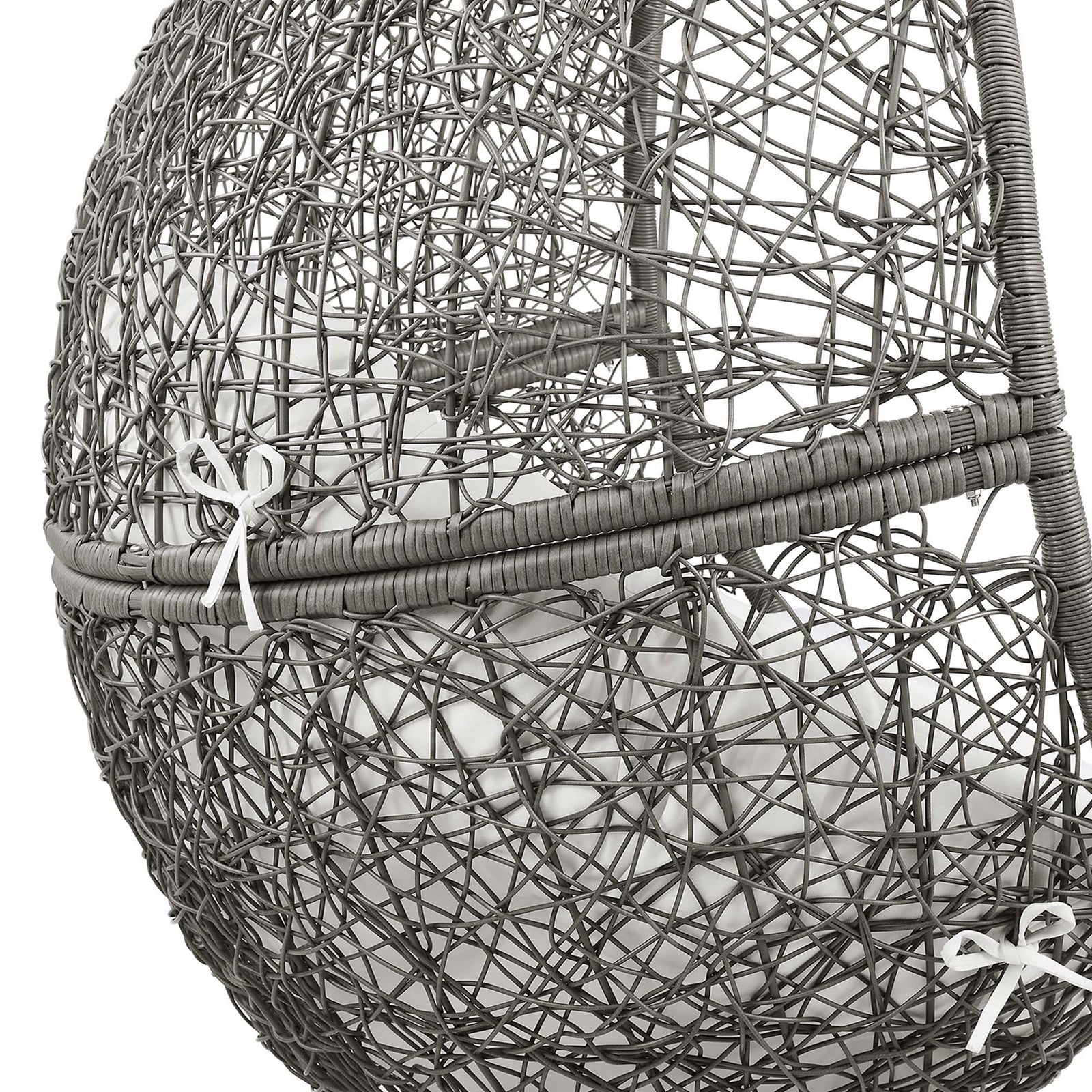 Interlaced gray rattan strands and white ties secure the cushion and emphasize the basket texture. || EEI-6262-GRY-WHI || detail_studio