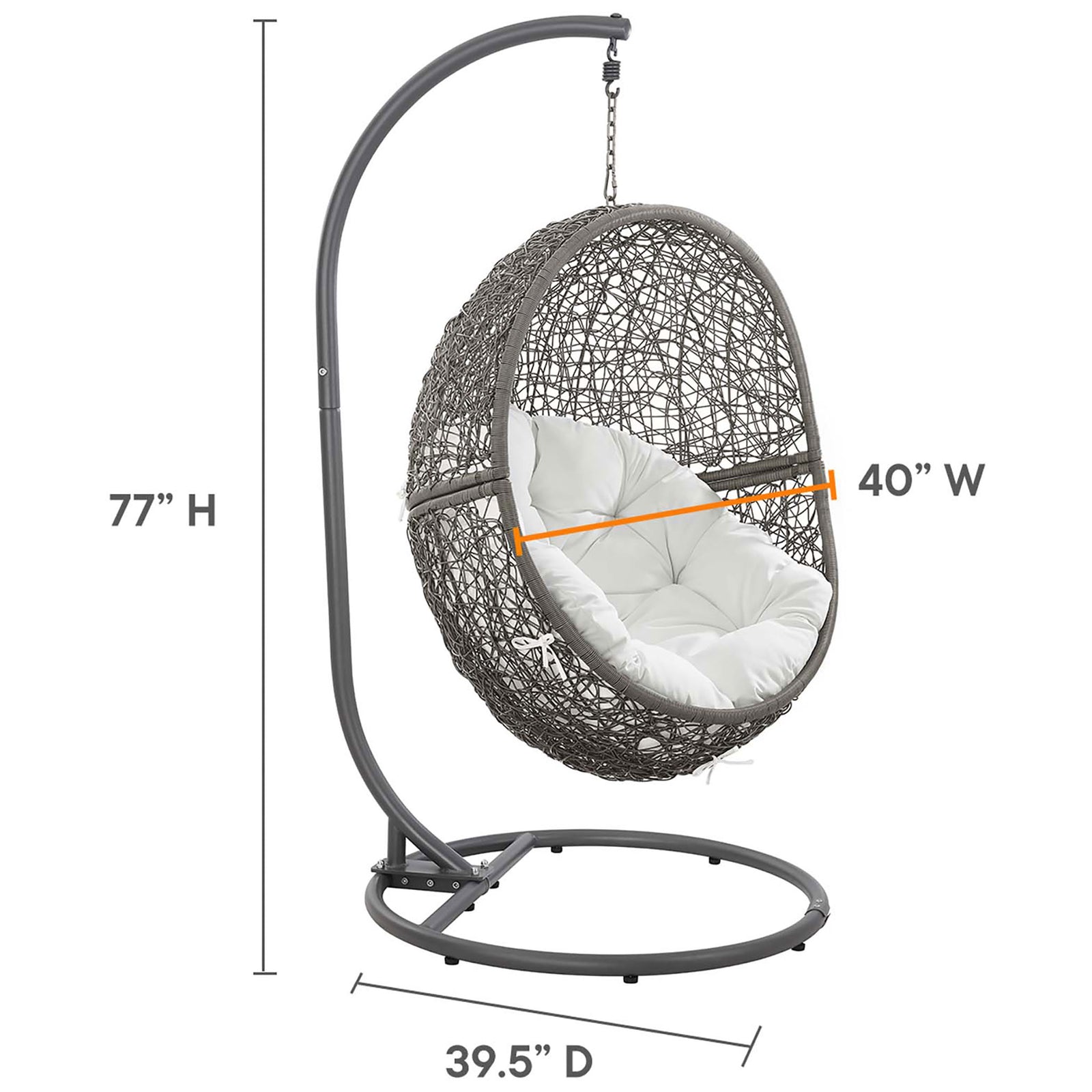 Dimension view details the overall height, width, and depth of the gray rattan swing chair. || EEI-6262-GRY-WHI || dimension_studio